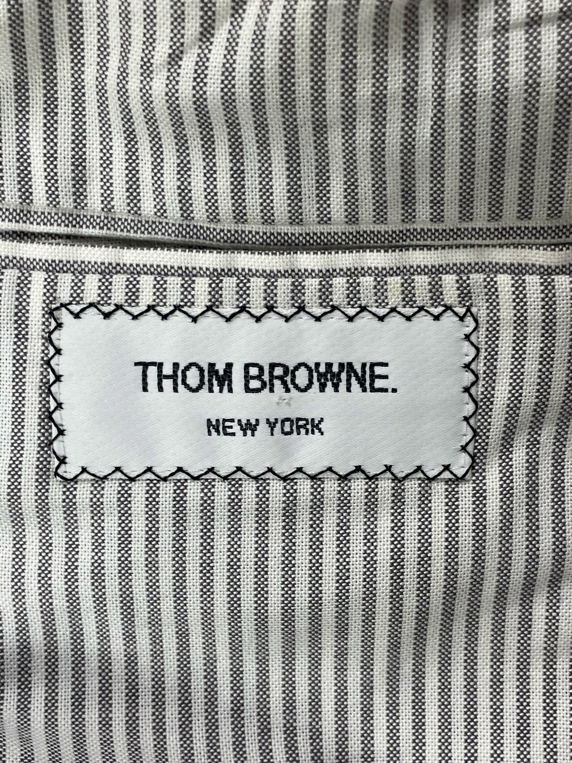 Thom Browne New York woven label on grey striped lining tweed blazer
