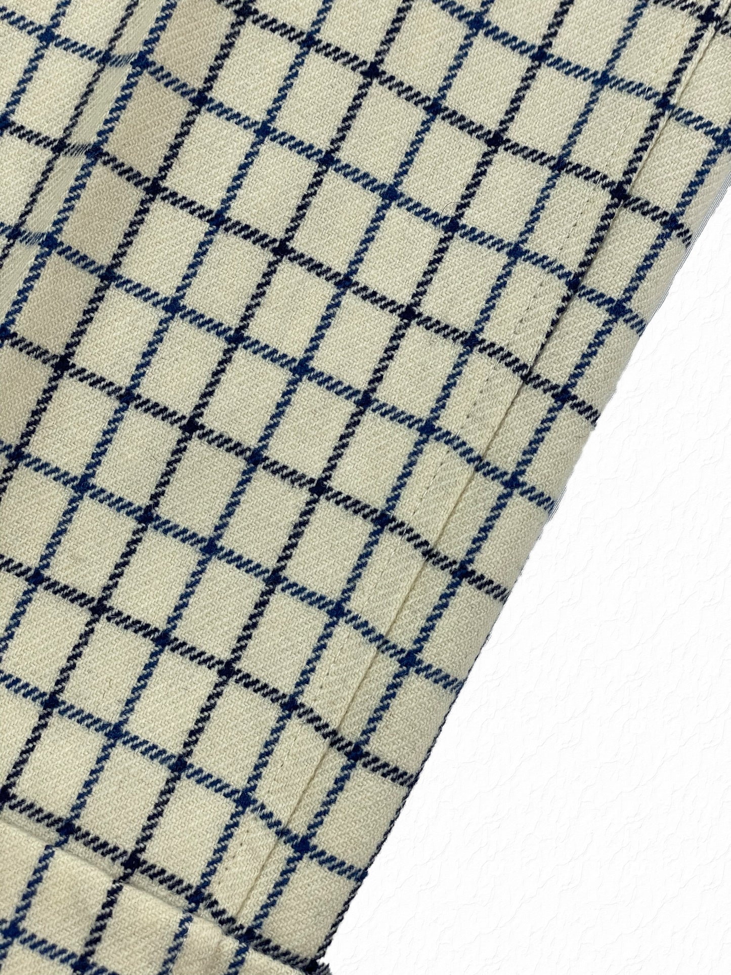 Cream and navy window pane wool weave on Thom Browne trousers