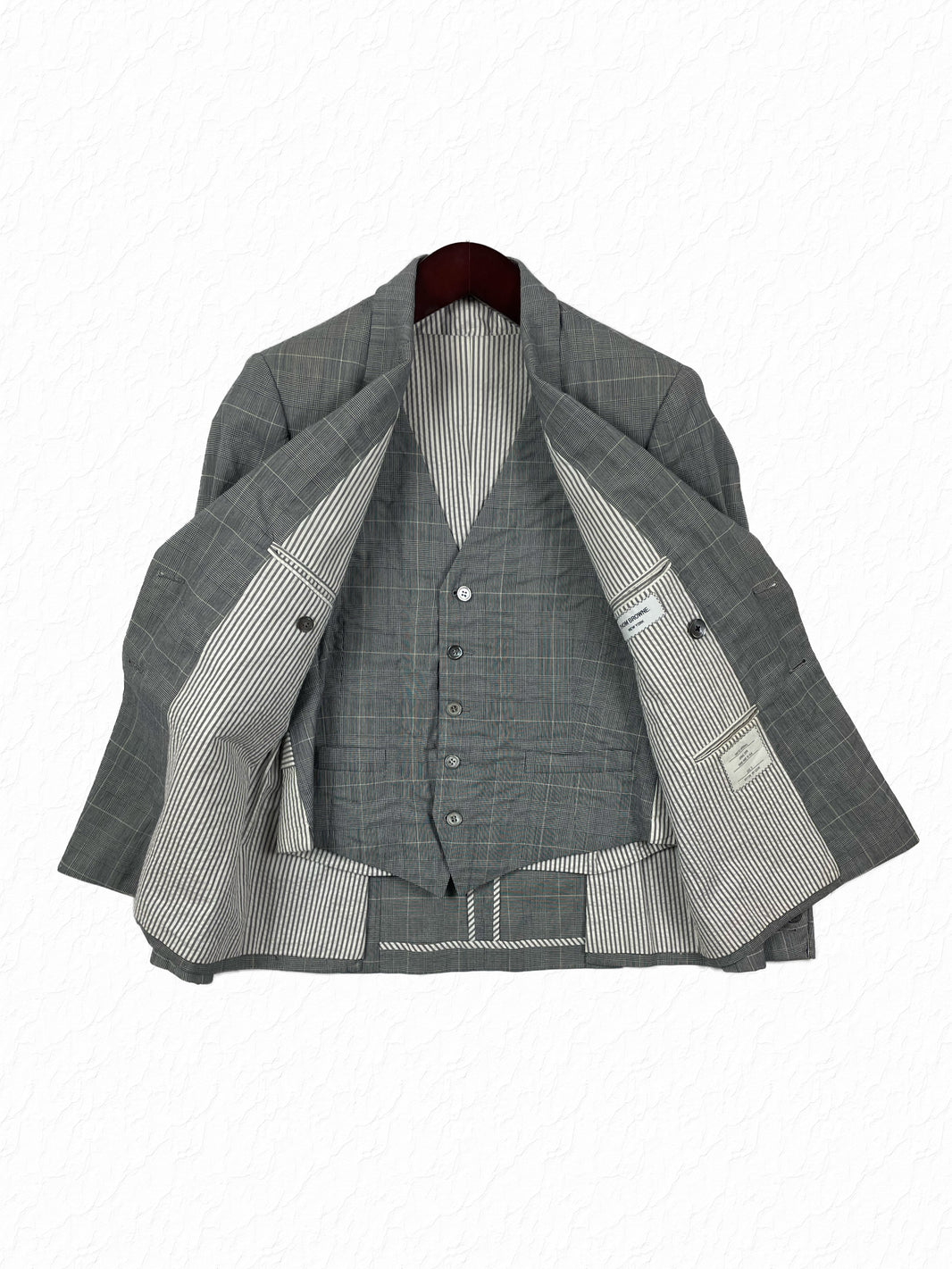 Thom Browne glen plaid double breasted cotton blazer with striped lining