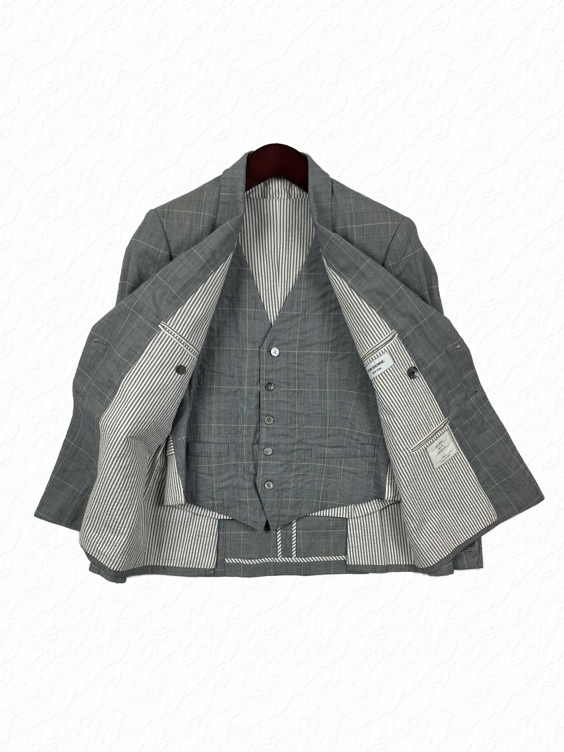 Thom Browne glen plaid double breasted cotton blazer with striped lining