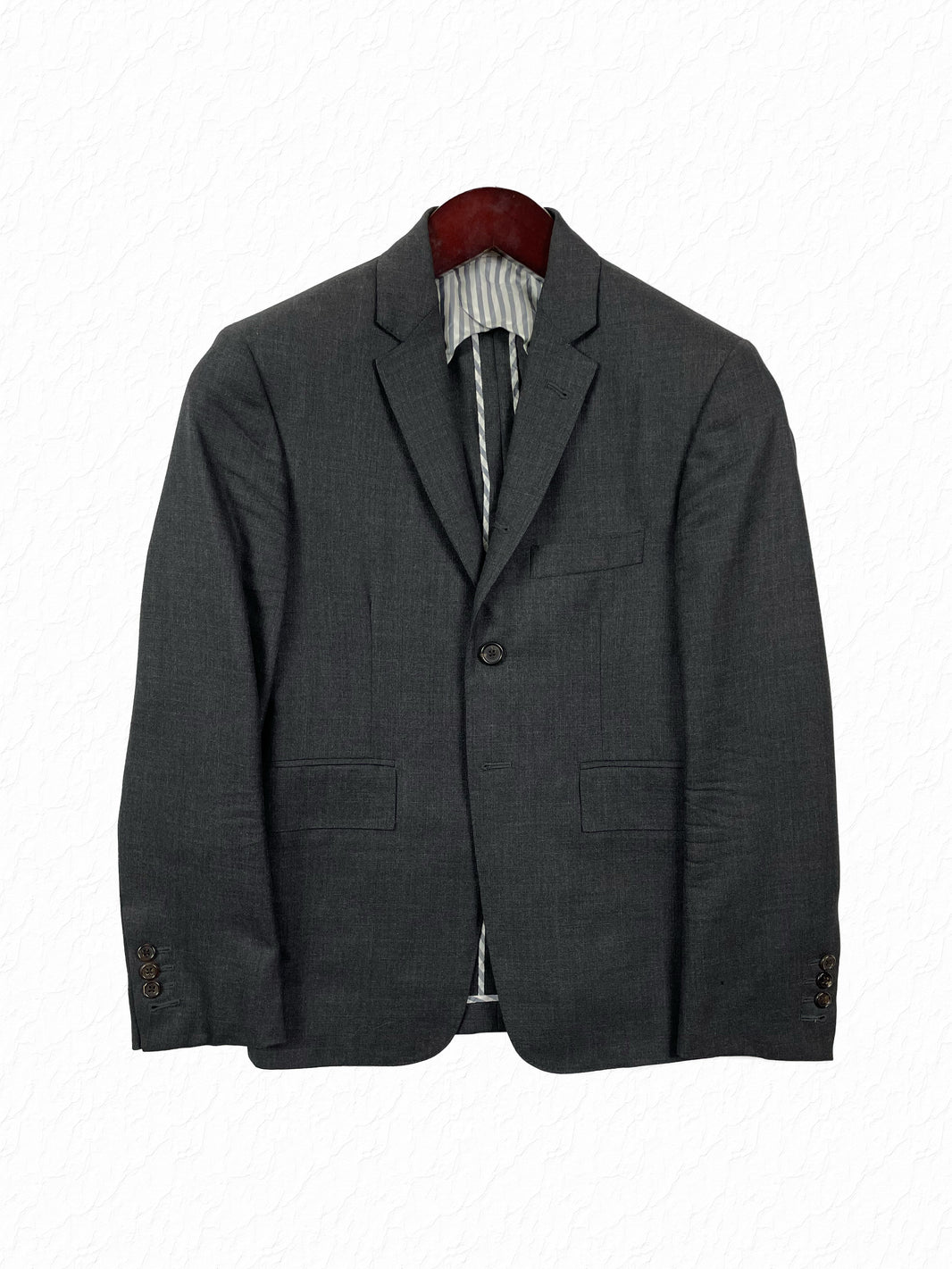 Thom Browne grey wool sport coat with grosgrain tab and shell buttons