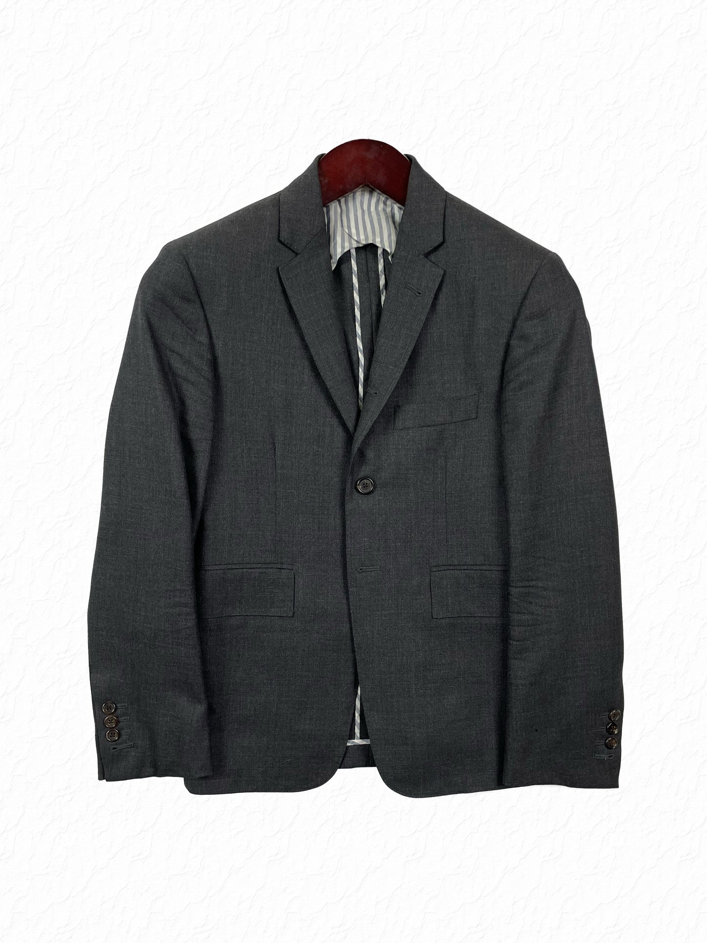Thom Browne grey wool sport coat with grosgrain tab and shell buttons
