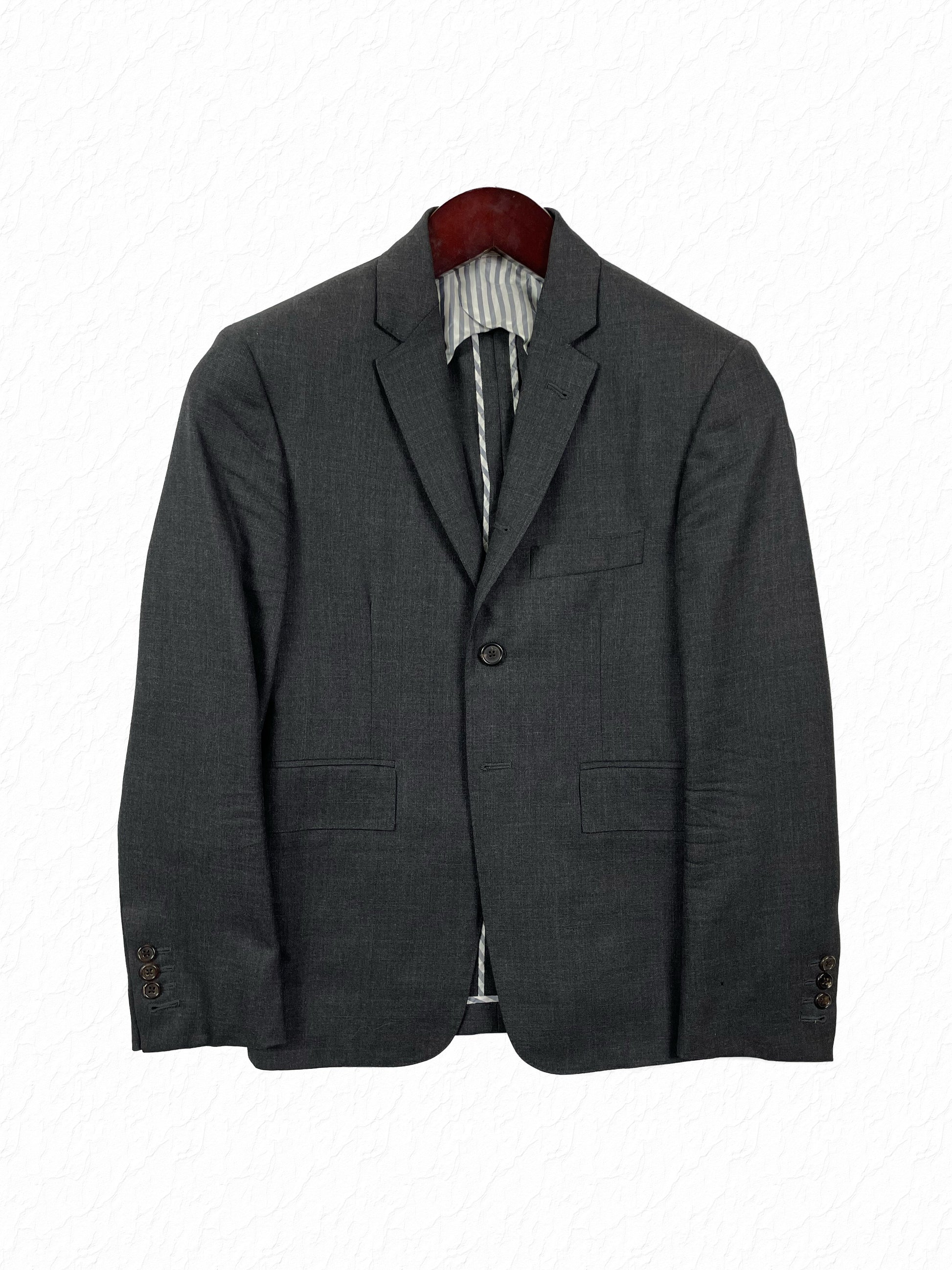 Thom Browne grey wool sport coat with grosgrain tab and shell buttons
