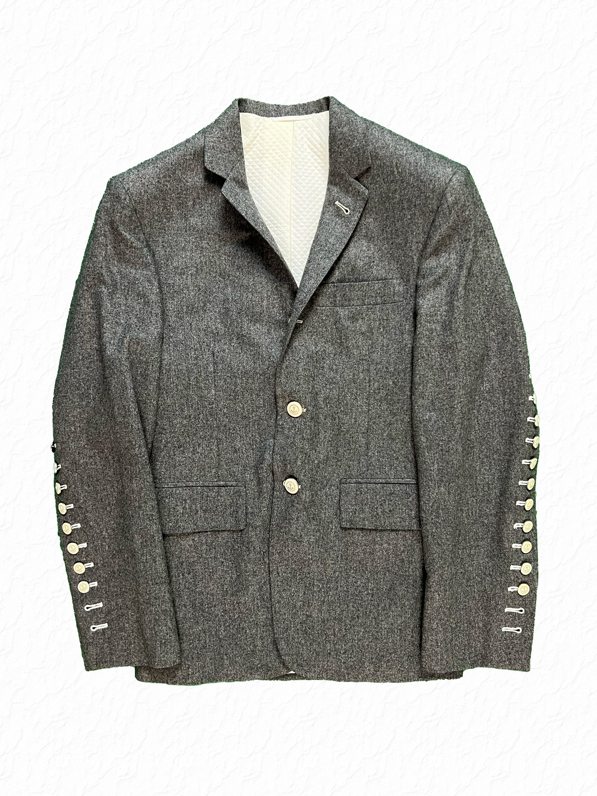 Thom Browne grey wool flannel sport coat with functional arm fly buttons