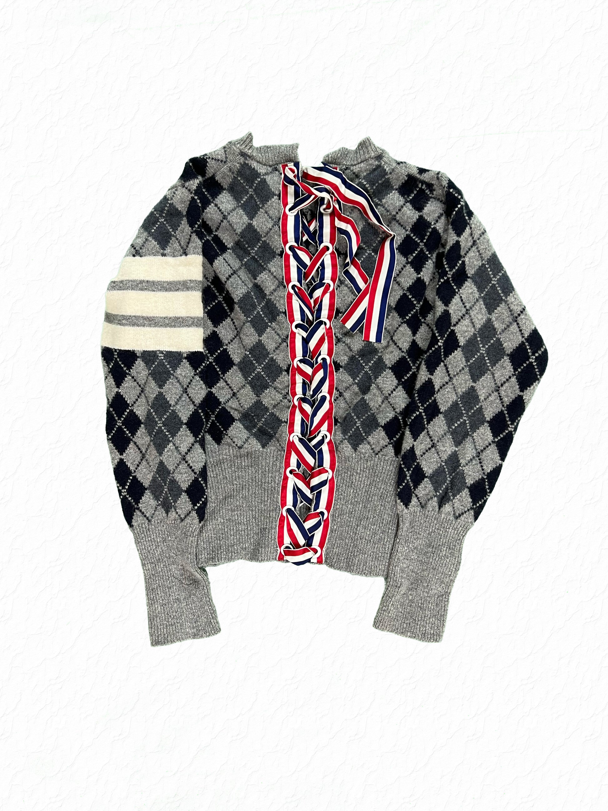 Signature Thom Browne 3-bar stripe sleeve on grey argyle cashmere sweater
