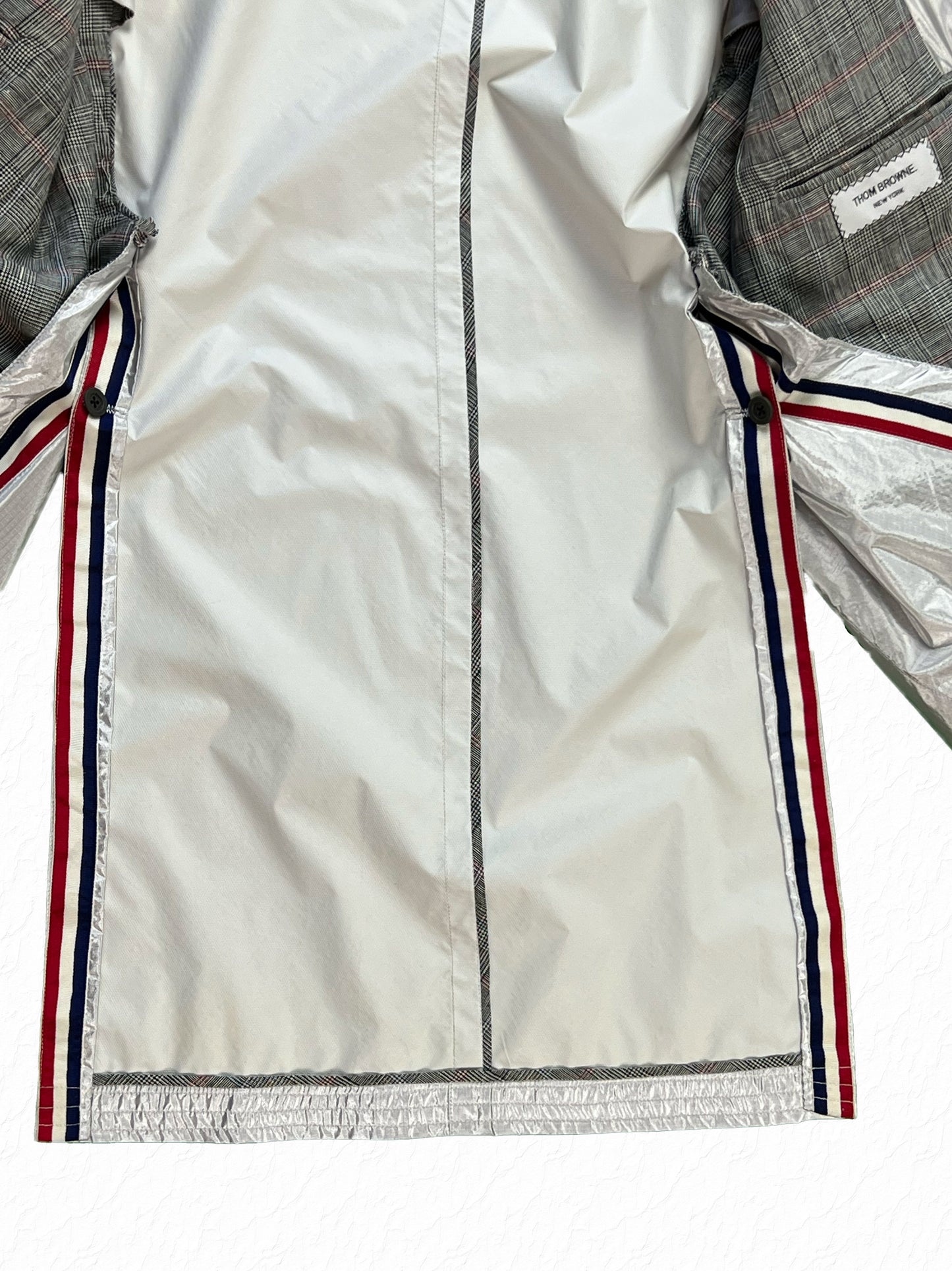RWB Grosgrain Trim Lining Thom Browne Silver Nylon Coat