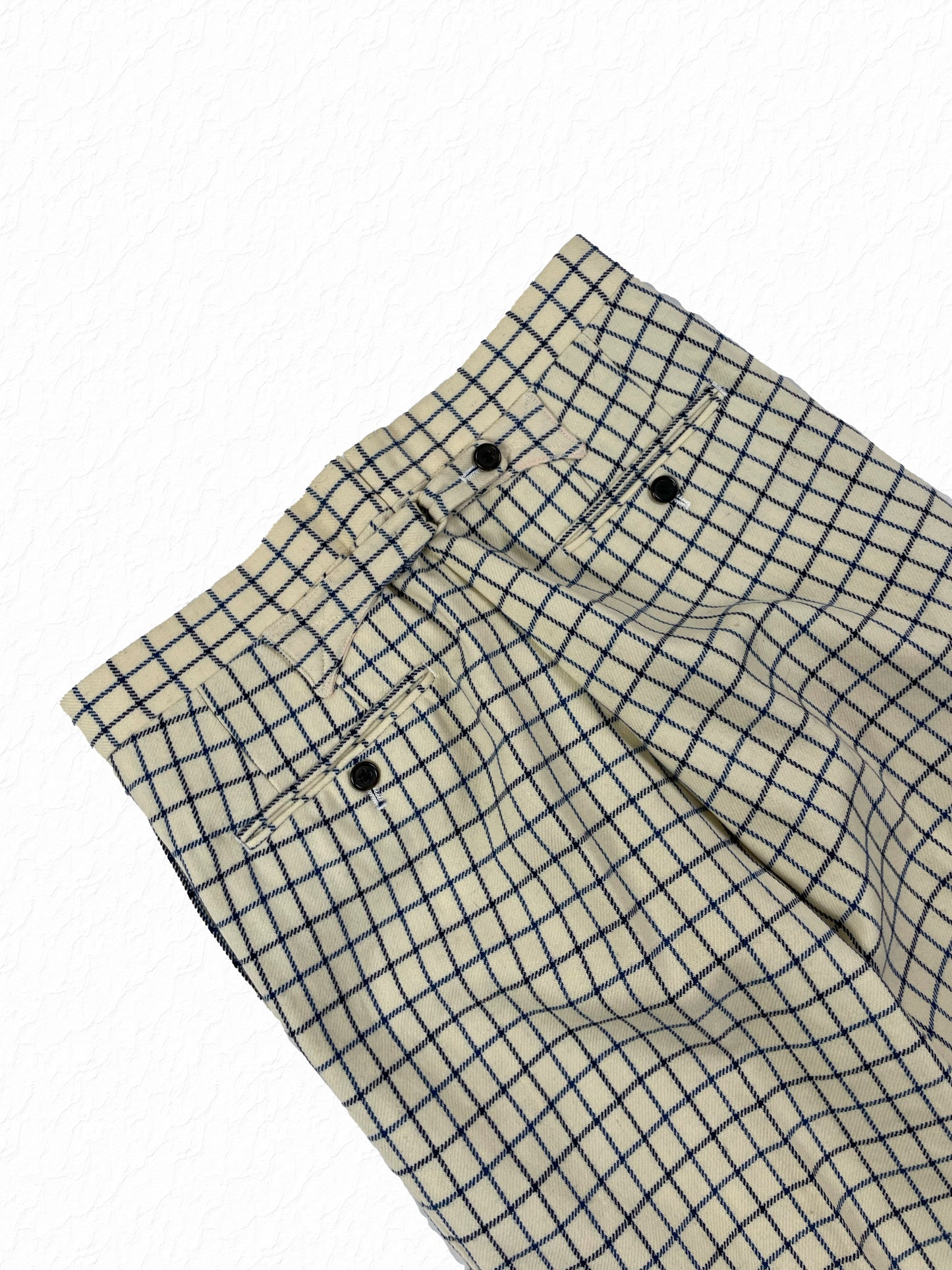 Window pane check Thom Browne wool trousers with button waist tabs and welt pockets