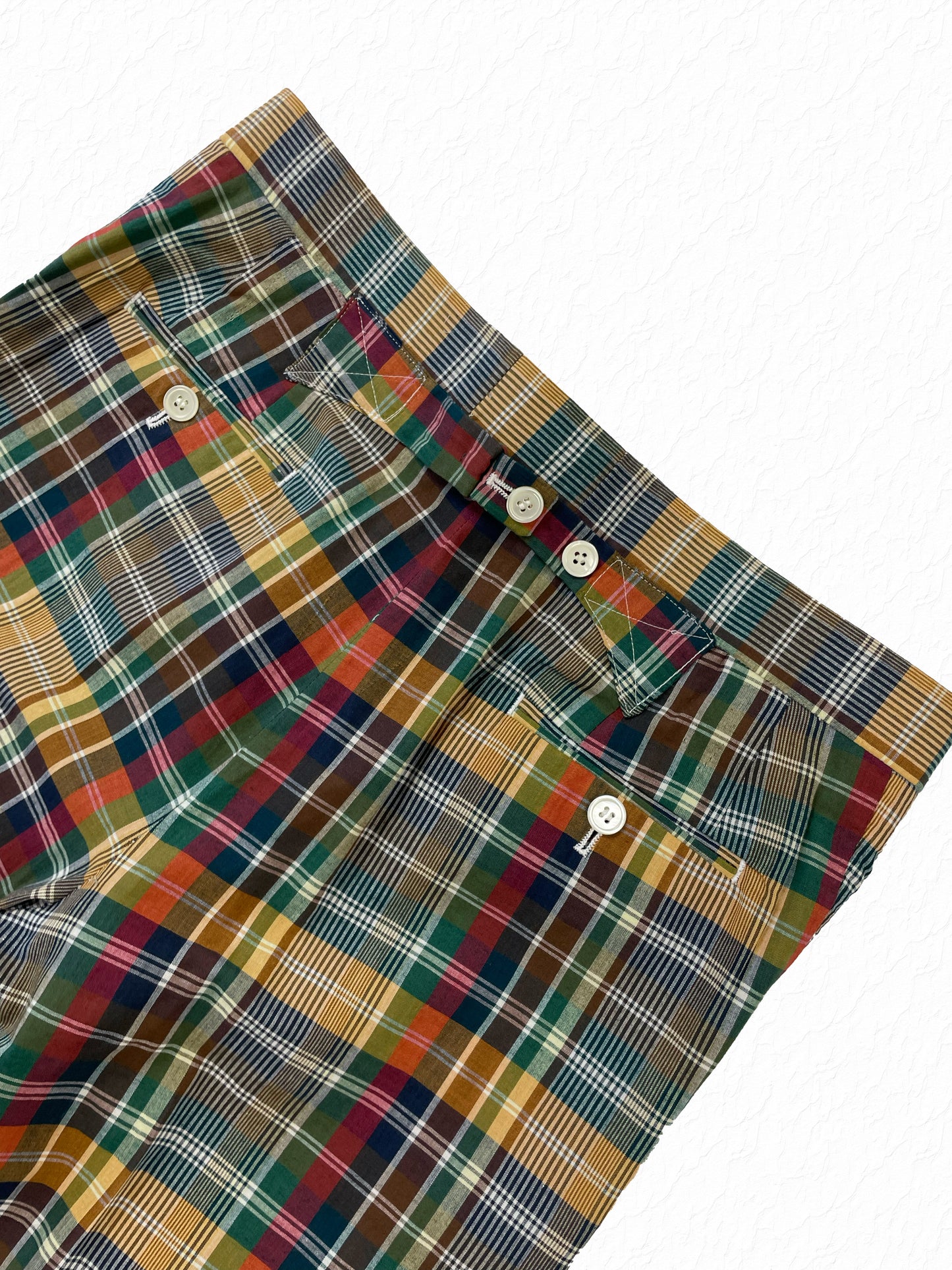 Buttoned welt pockets on Thom Browne madras plaid trousers