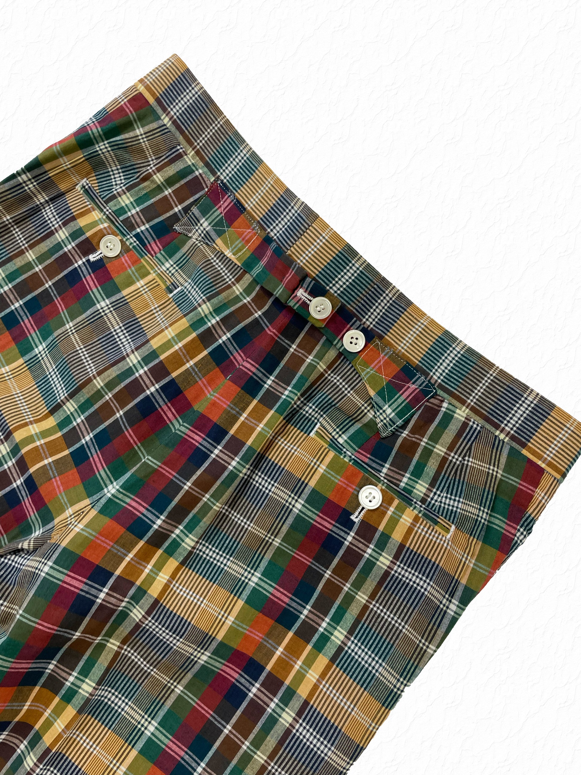 Buttoned welt pockets on Thom Browne madras plaid trousers