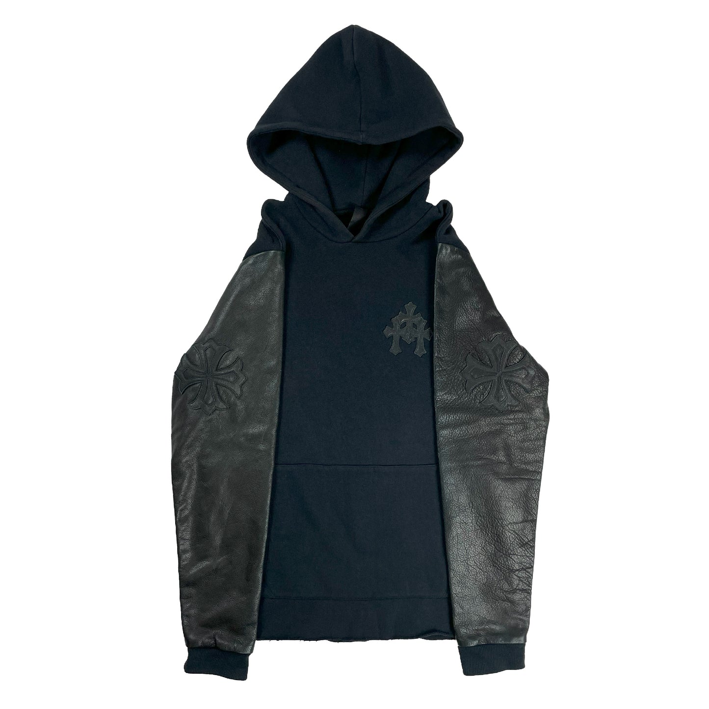 Leather Sleeve Cross Patch Slit Hoodie