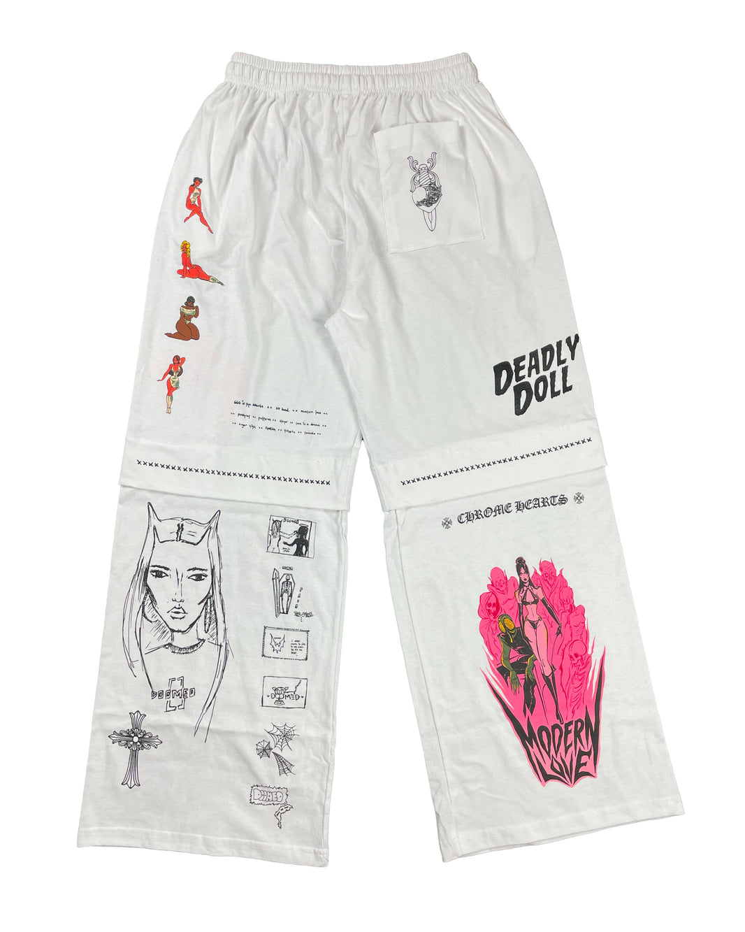 Chrome Hearts Deadly Doll Pink Cross Comic Flare Sweatpants Sterling Silver Hardware