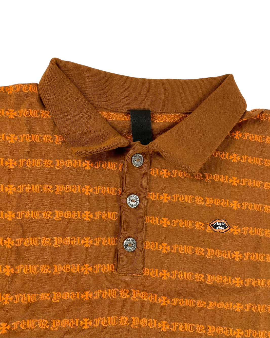 Chrome Hearts Orange Striped CH "Fuck You" LS Polo Shirt Sterling Silver Hardware