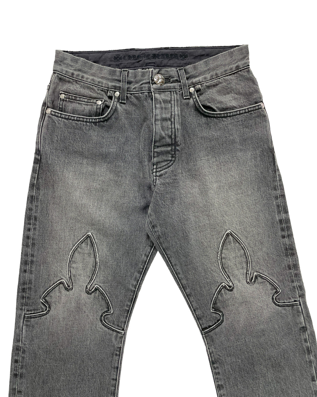 Chrome Hearts Grey Wash Fleur Knee Denim 'Boyscout' Jeans Sterling Silver Hardware