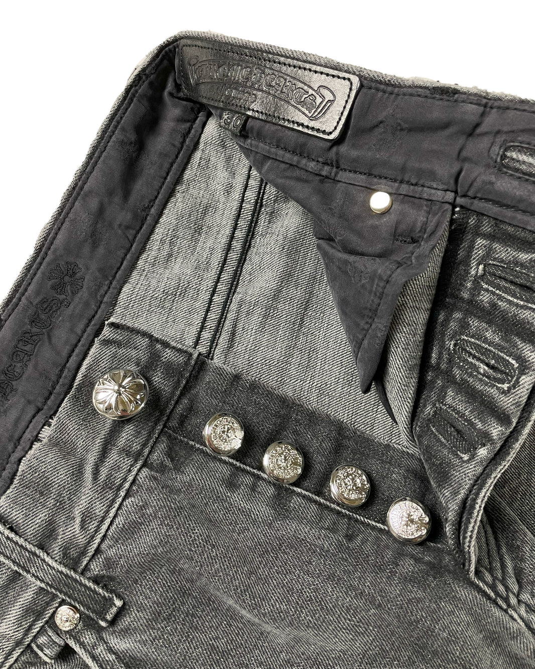 Chrome Hearts Grey Wash Fleur Knee Denim 'Boyscout' Jeans Archival