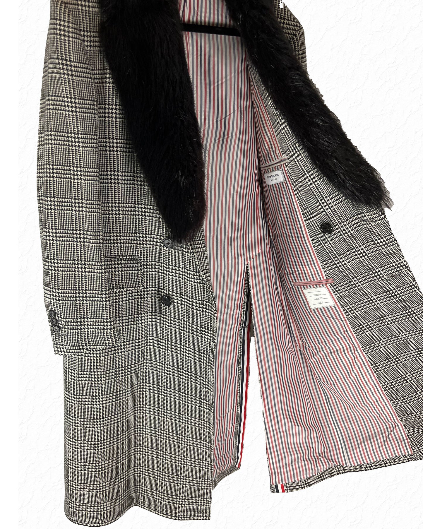 FW15 Beaver Fur Collar Wool Plaid Double Breasted Coat