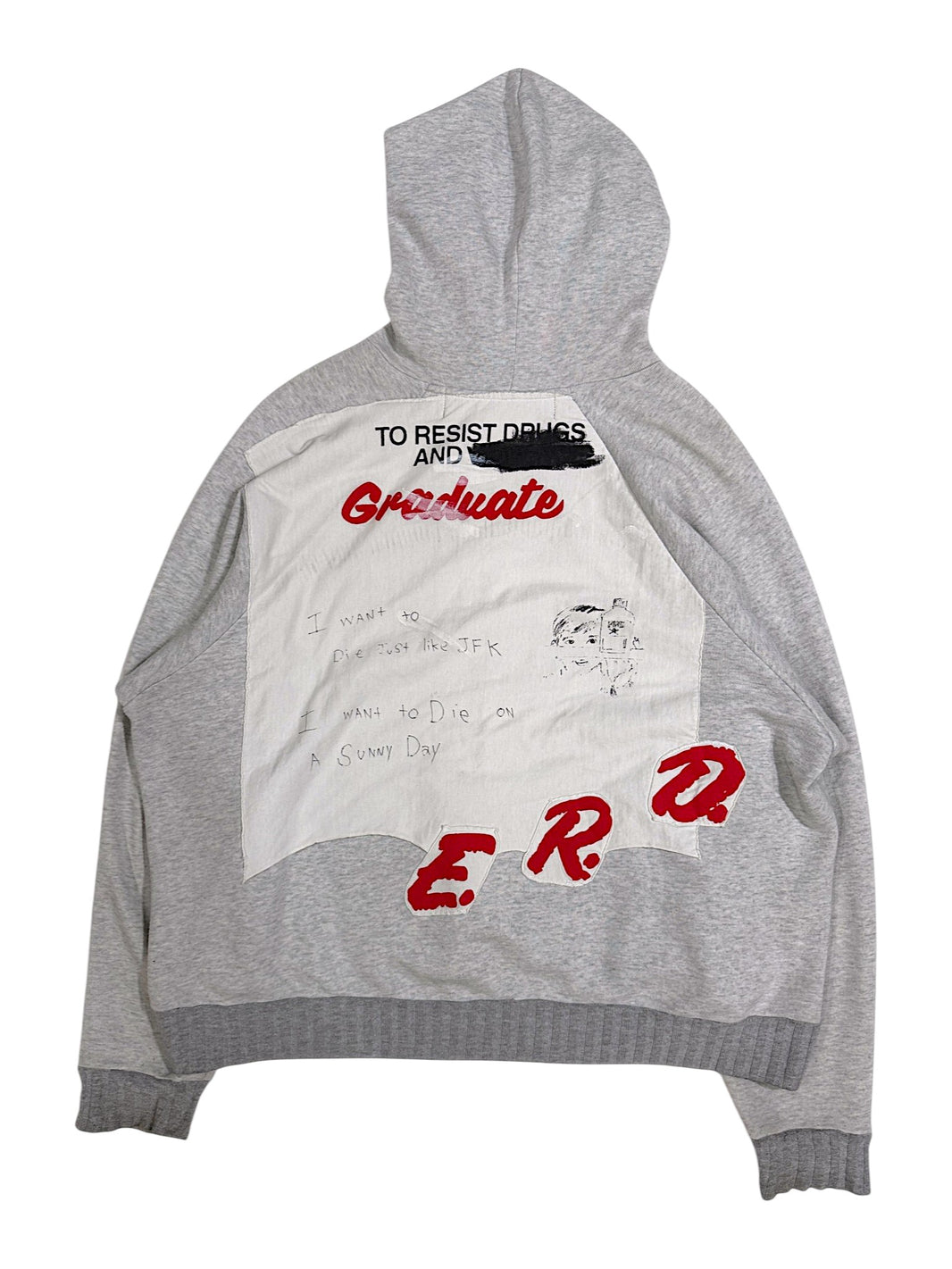 Enfants Riches Deprimes DARE Hoodie heather grey front view red ERD embroidered script logo chest