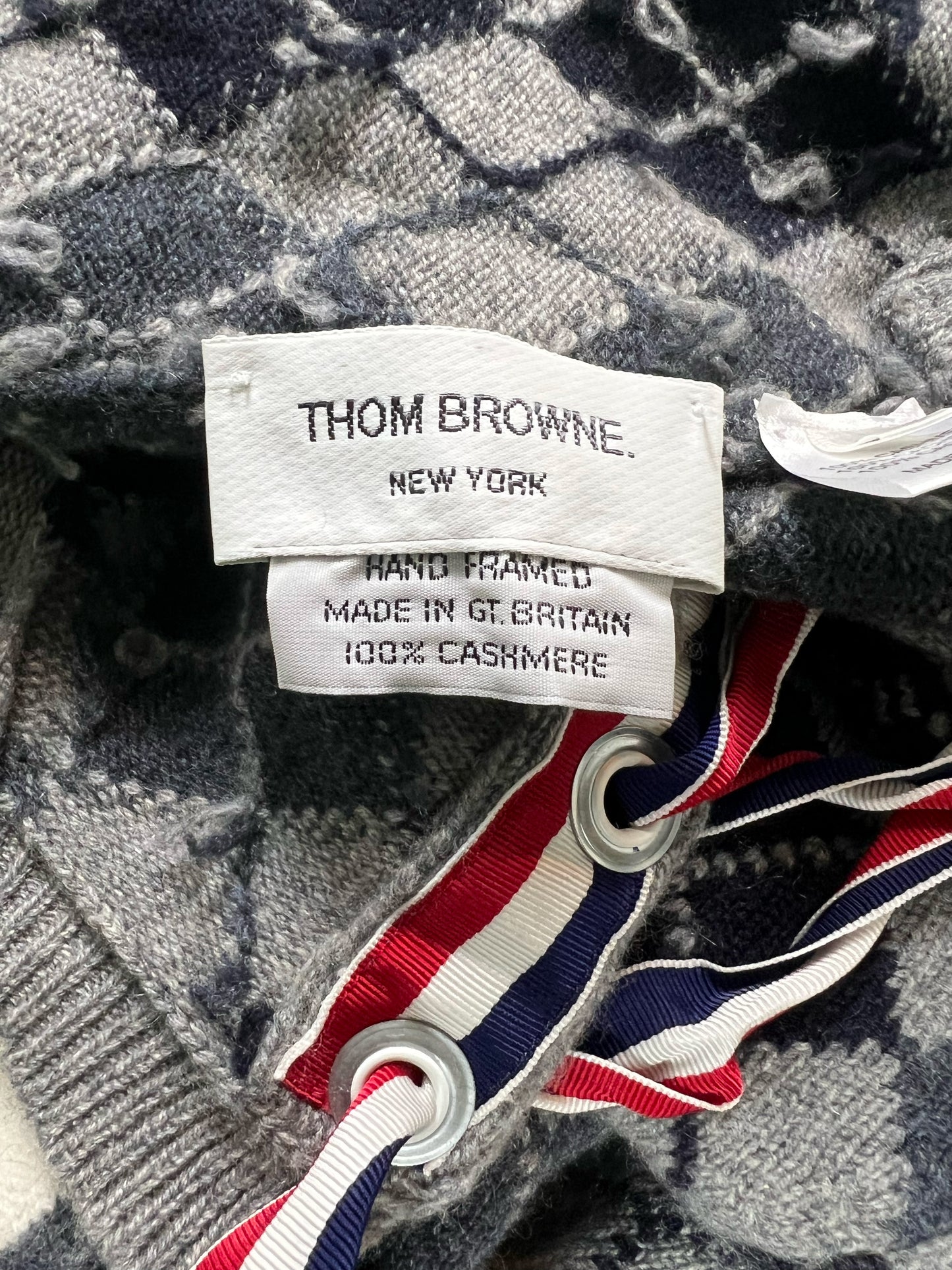 Thom Browne grey and navy argyle cashmere crewneck sweater
