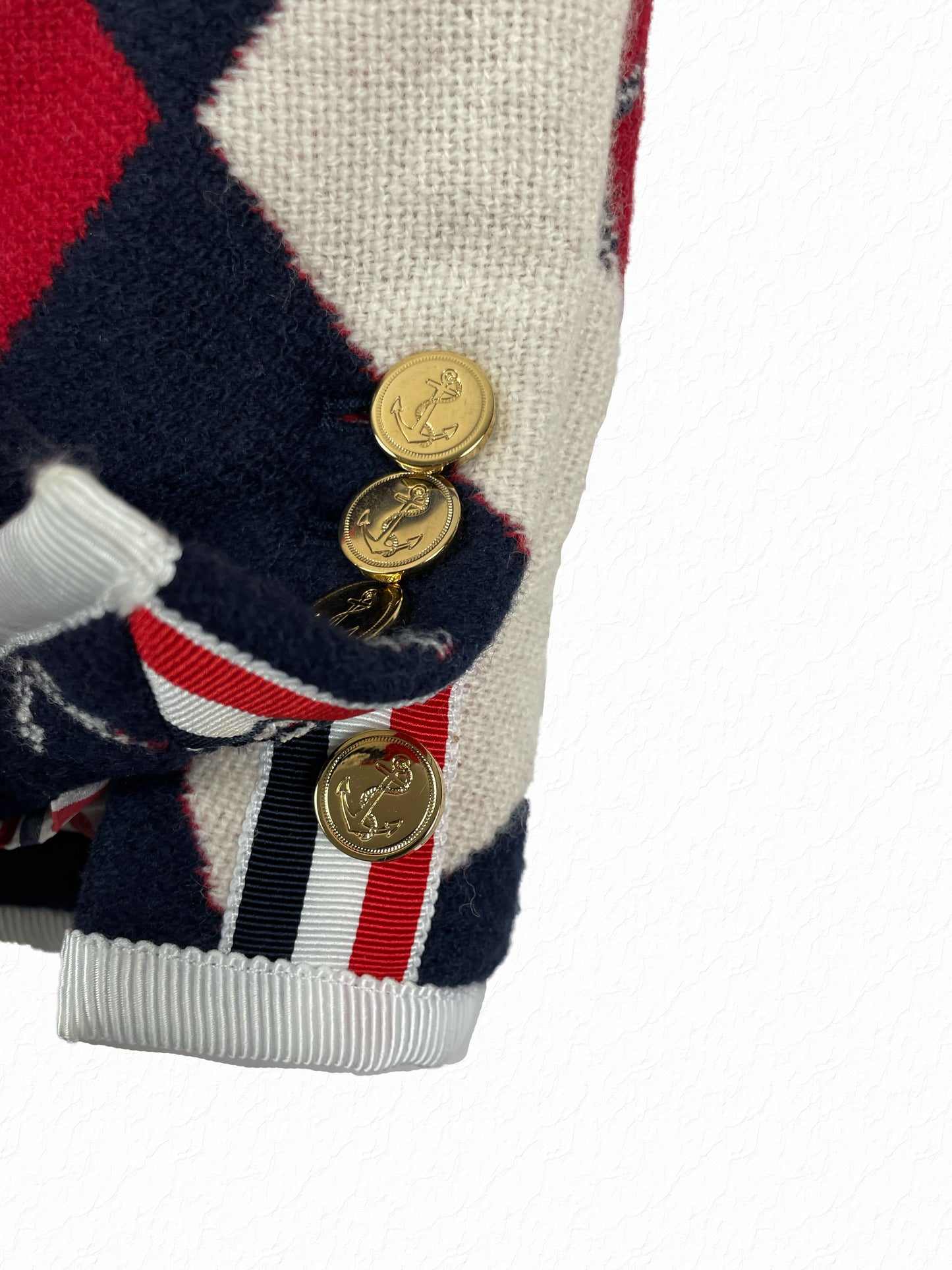 White grosgrain tipping on Thom Browne Big Argyle jacket