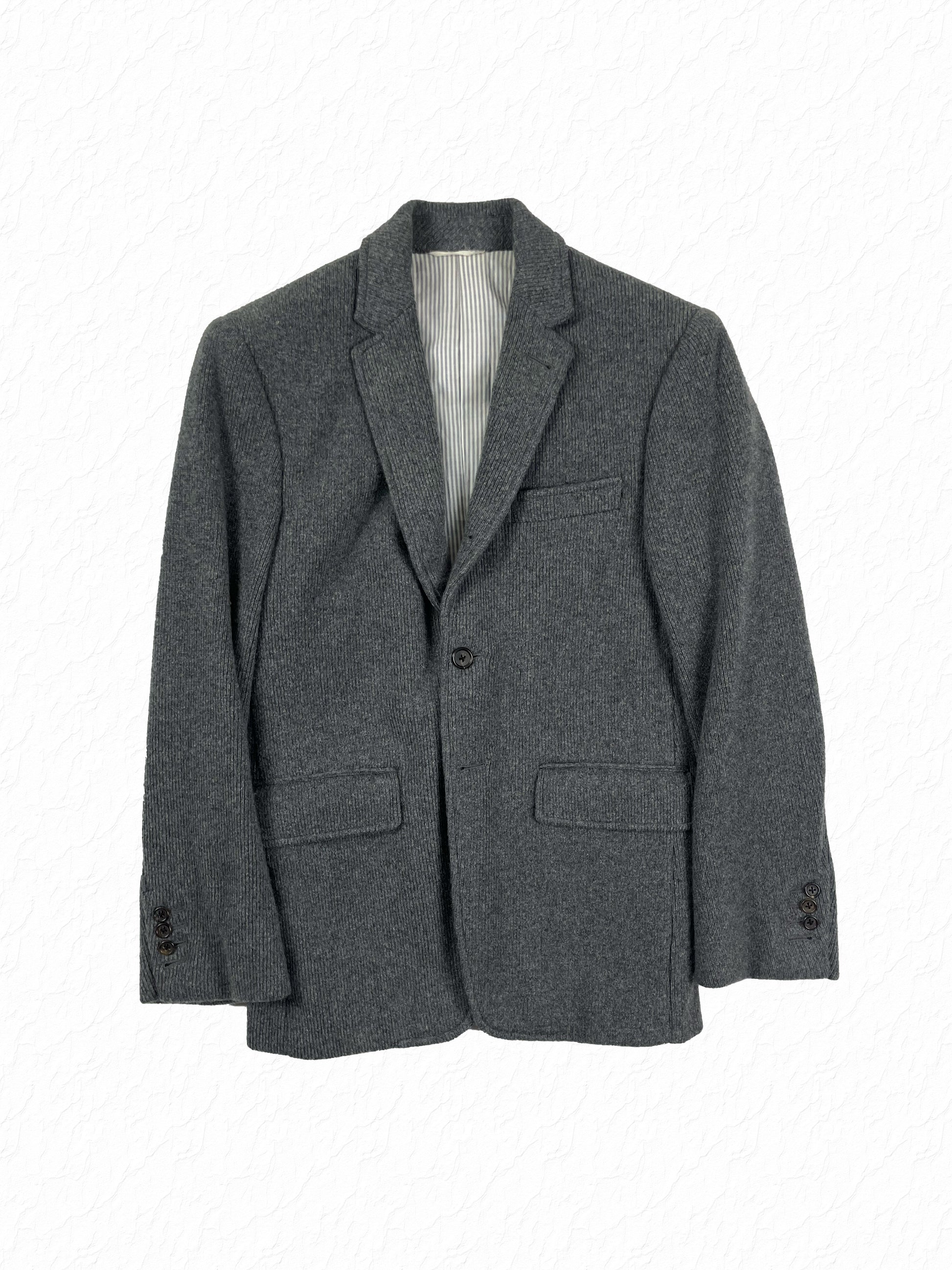 Thom Browne grey rib knit cashmere jacket with notch lapel