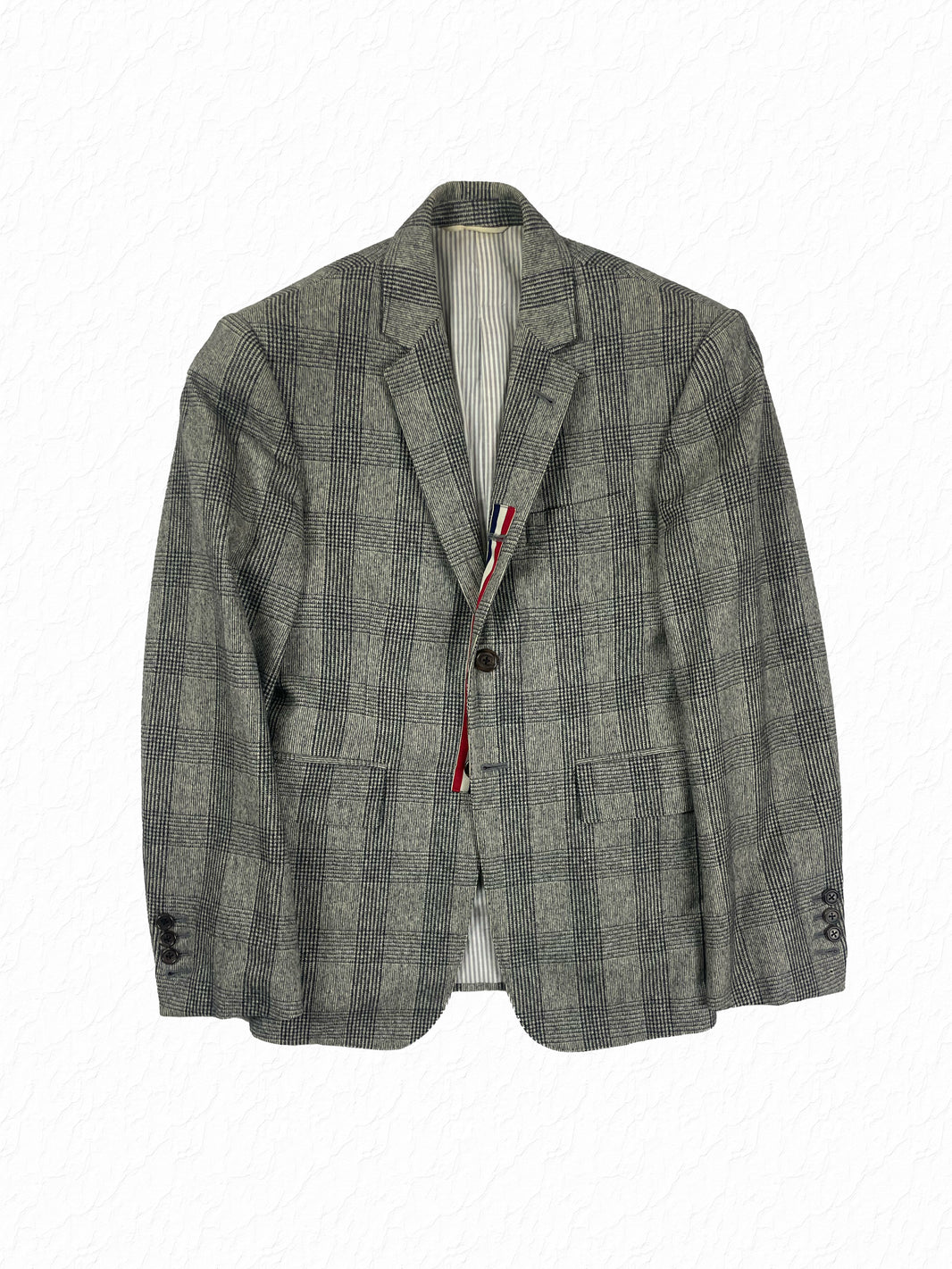 Thom Browne glen plaid cardigan jacket in grey wool with RWB grosgrain tab