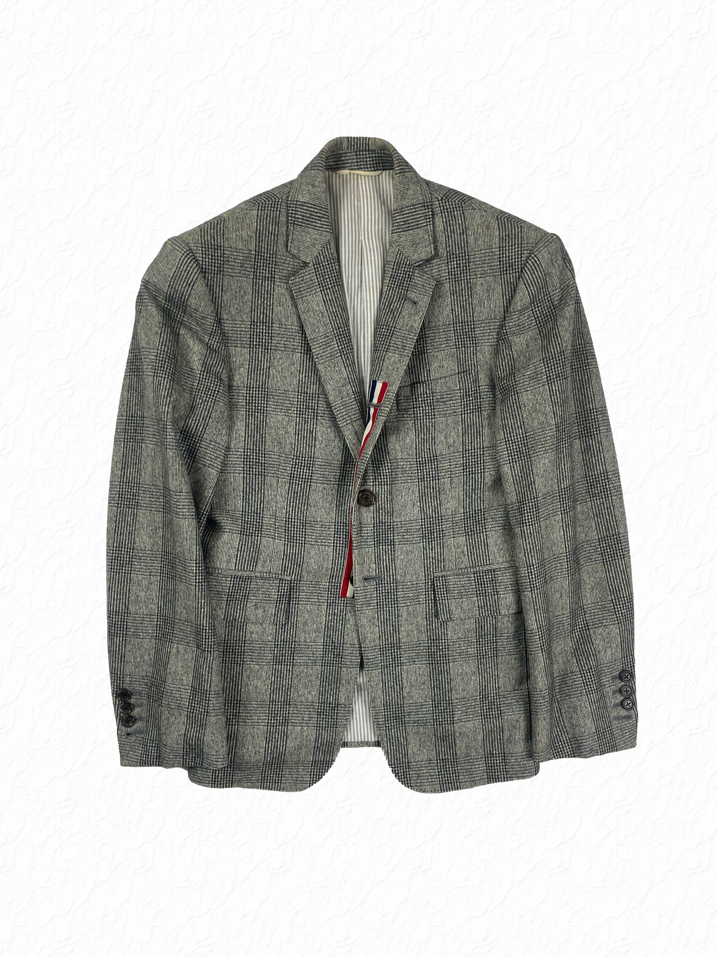 Thom Browne glen plaid cardigan jacket in grey wool with RWB grosgrain tab