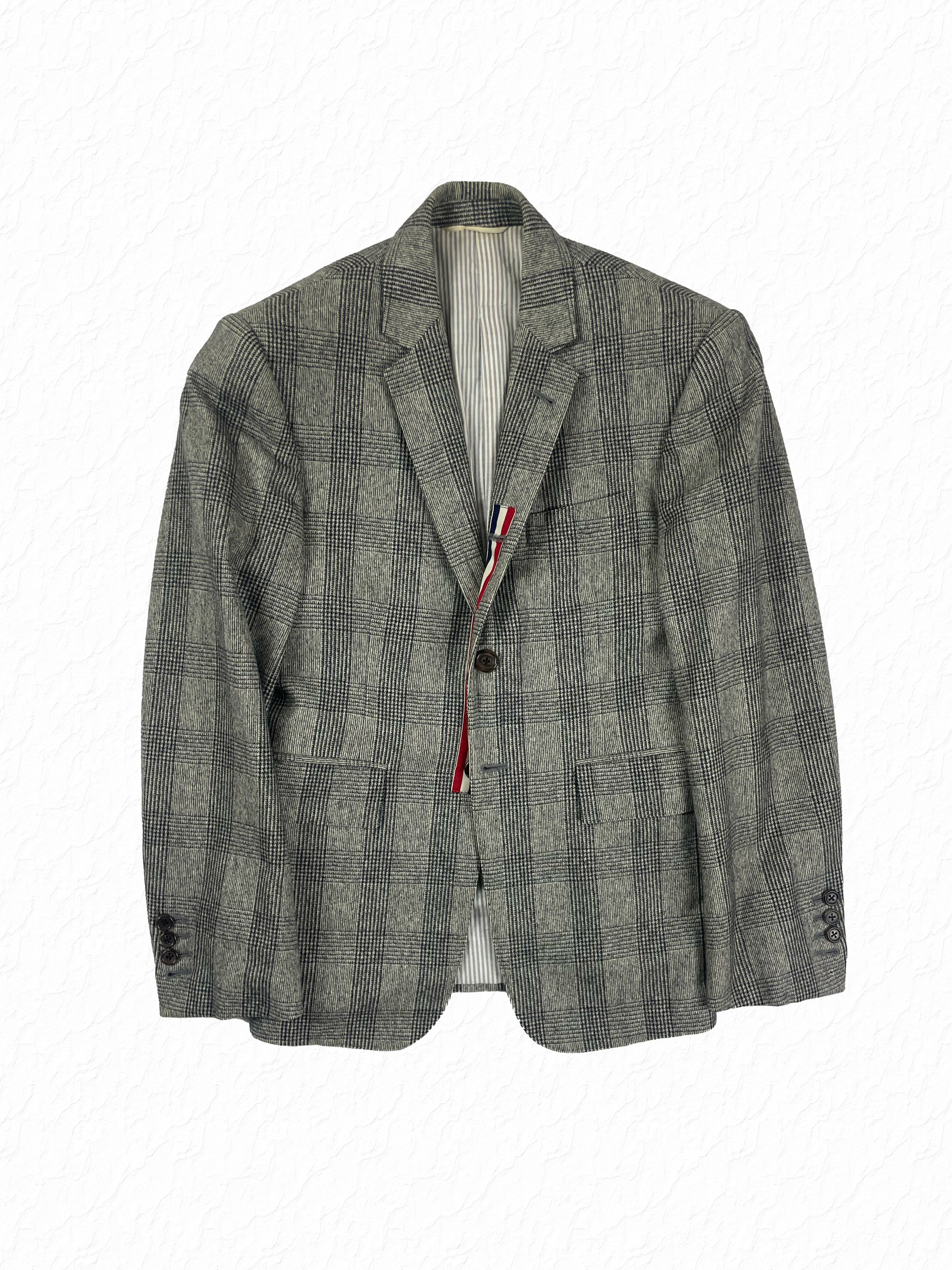 Thom Browne glen plaid cardigan jacket in grey wool with RWB grosgrain tab