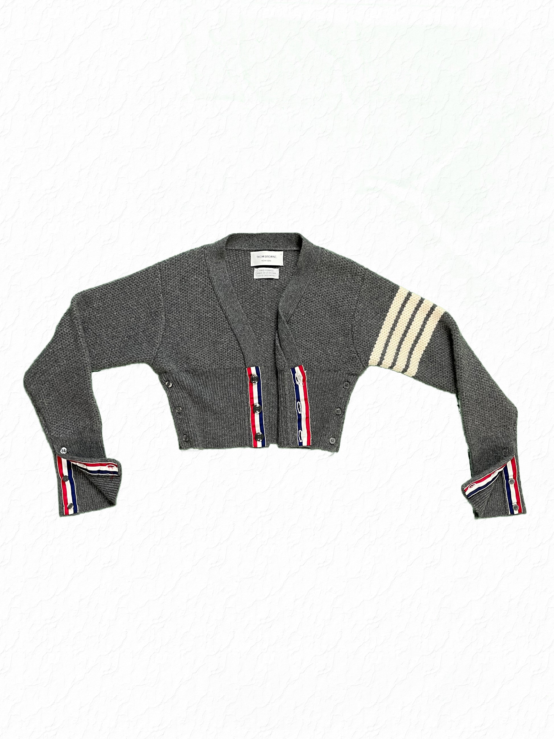Grey Cashmere Cardigan Thom Browne Red White Blue Grosgrain Placket