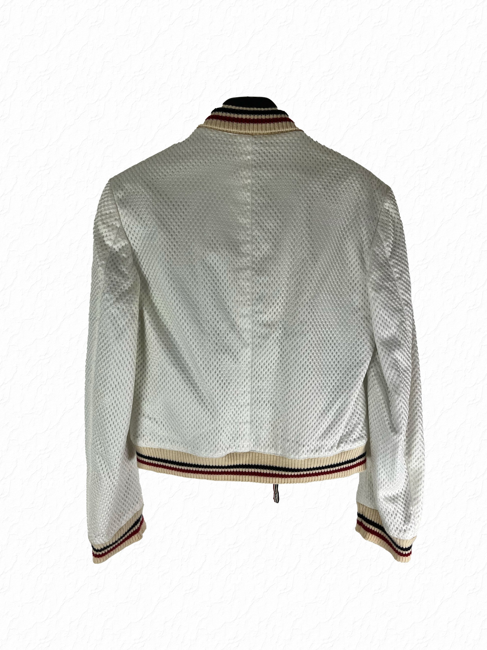 Signature Thom Browne tricolor grosgrain cuffs on white mesh varsity jacket