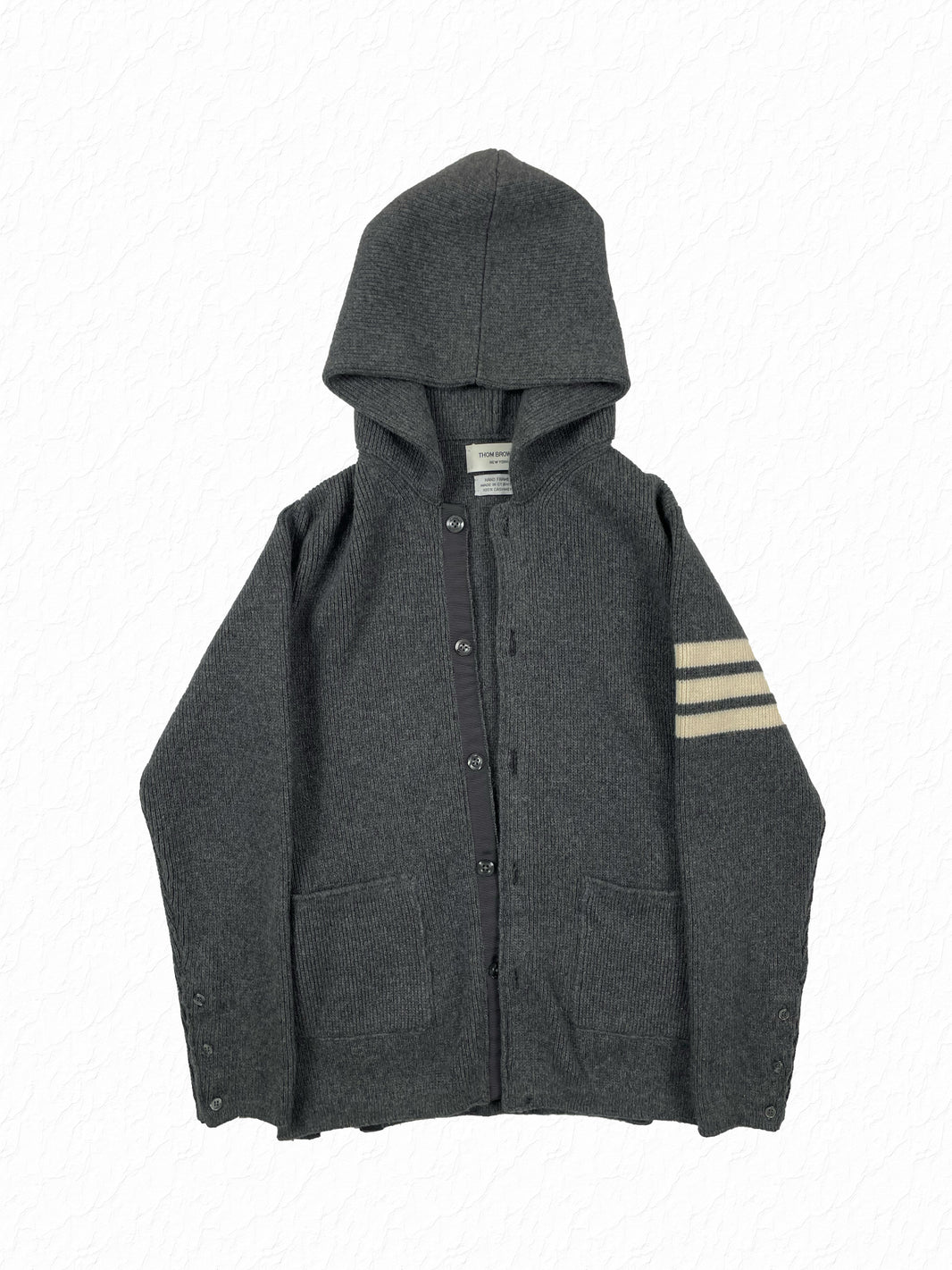 Thom Browne 4-Bar grey cashmere hooded cardigan with grosgrain button placket