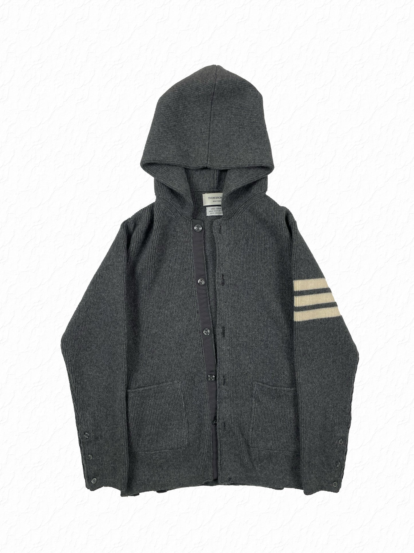 Thom Browne 4-Bar grey cashmere hooded cardigan with grosgrain button placket
