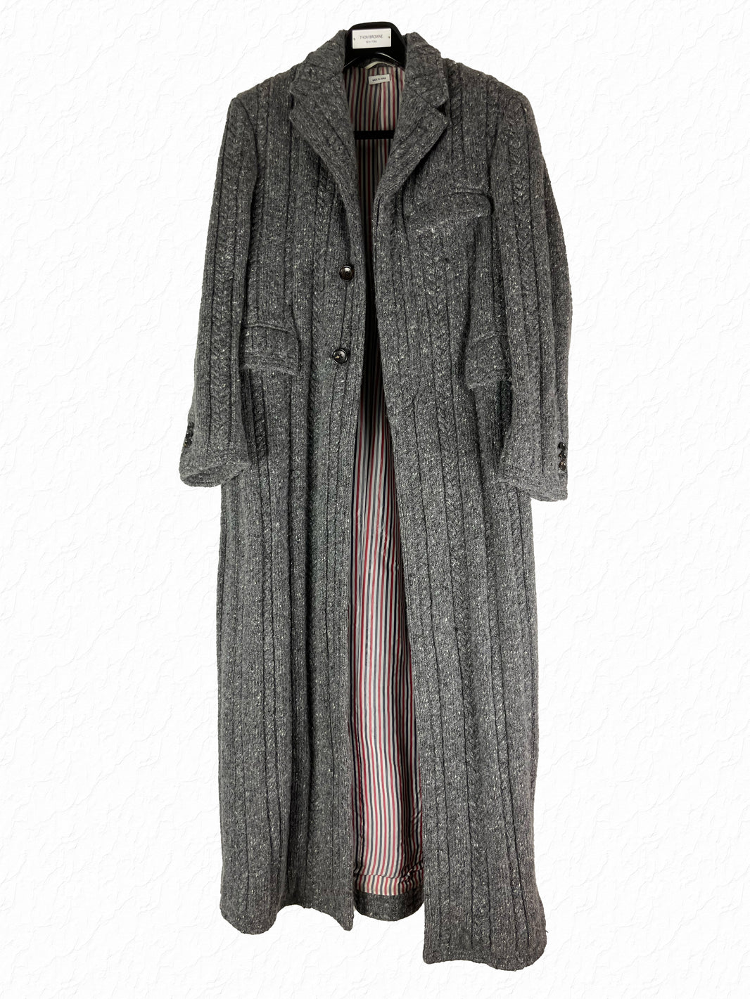 Thom Browne cable knit Chesterfield overcoat in grey wool and cashmere