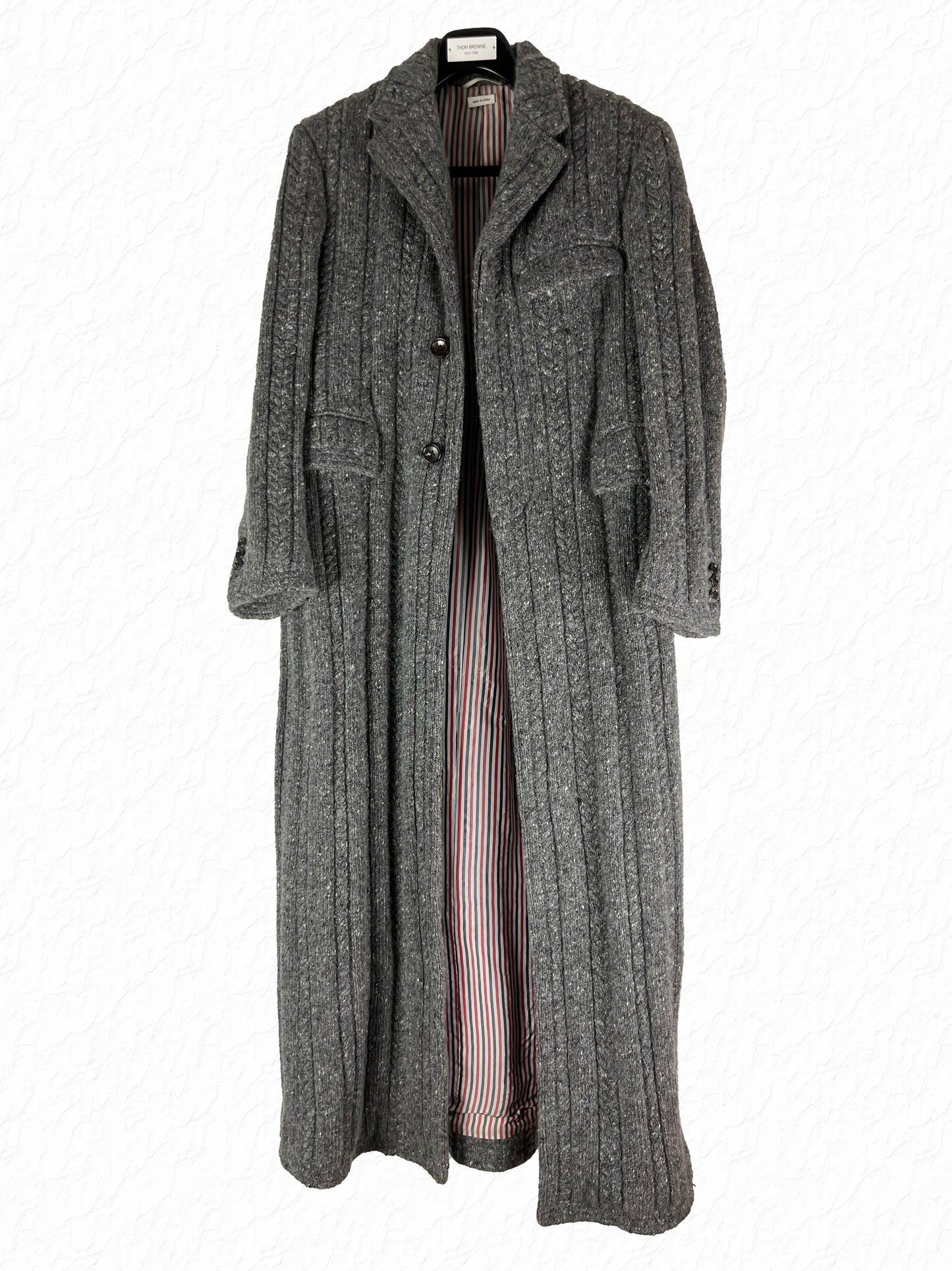 Thom Browne cable knit Chesterfield overcoat in grey wool and cashmere