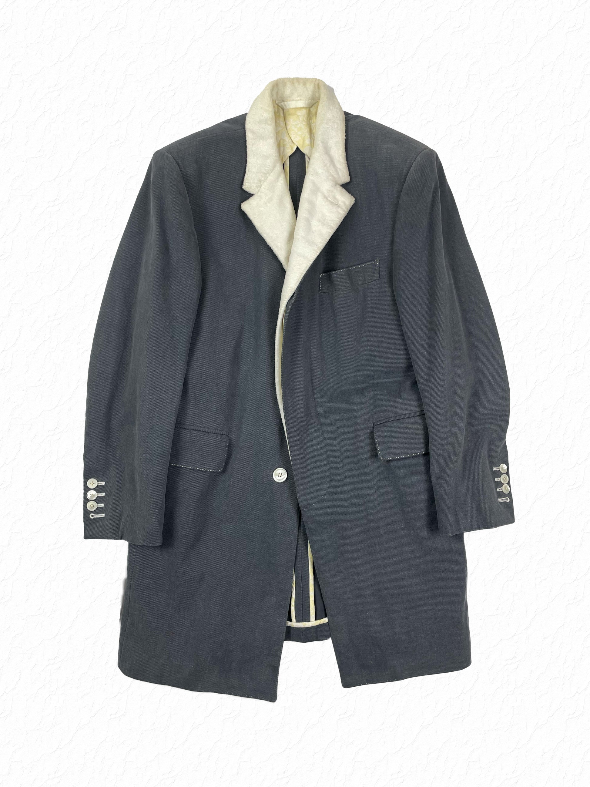 Thom Browne Chesterfield overcoat in grey corded cotton with white toweling collar