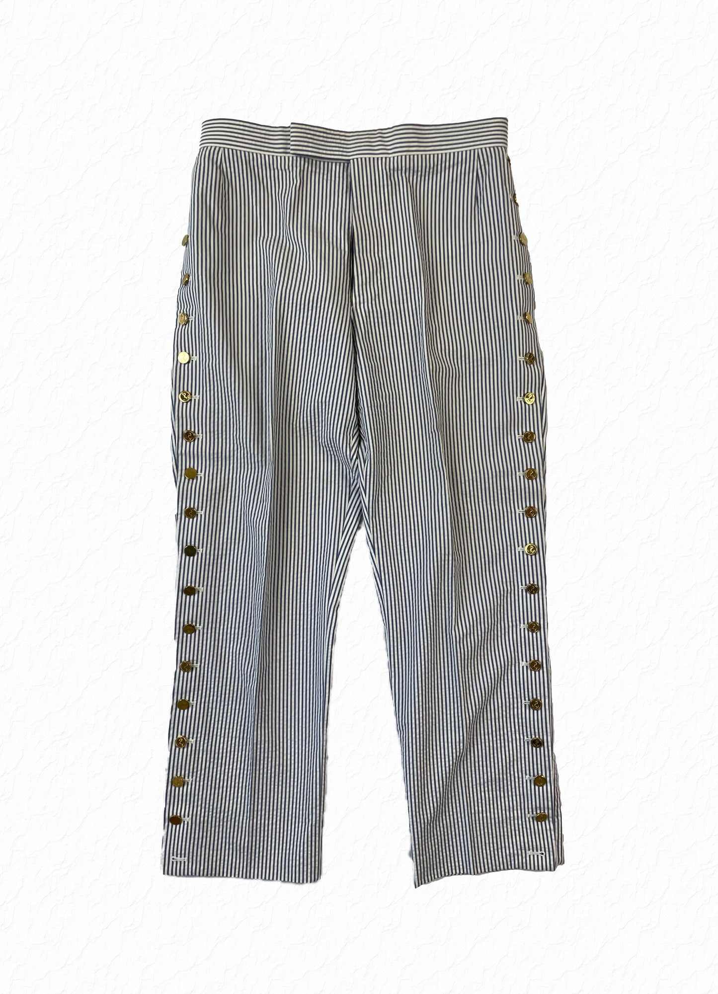 Thom Browne blue seersucker pants with gold anchor buttons running the full leg