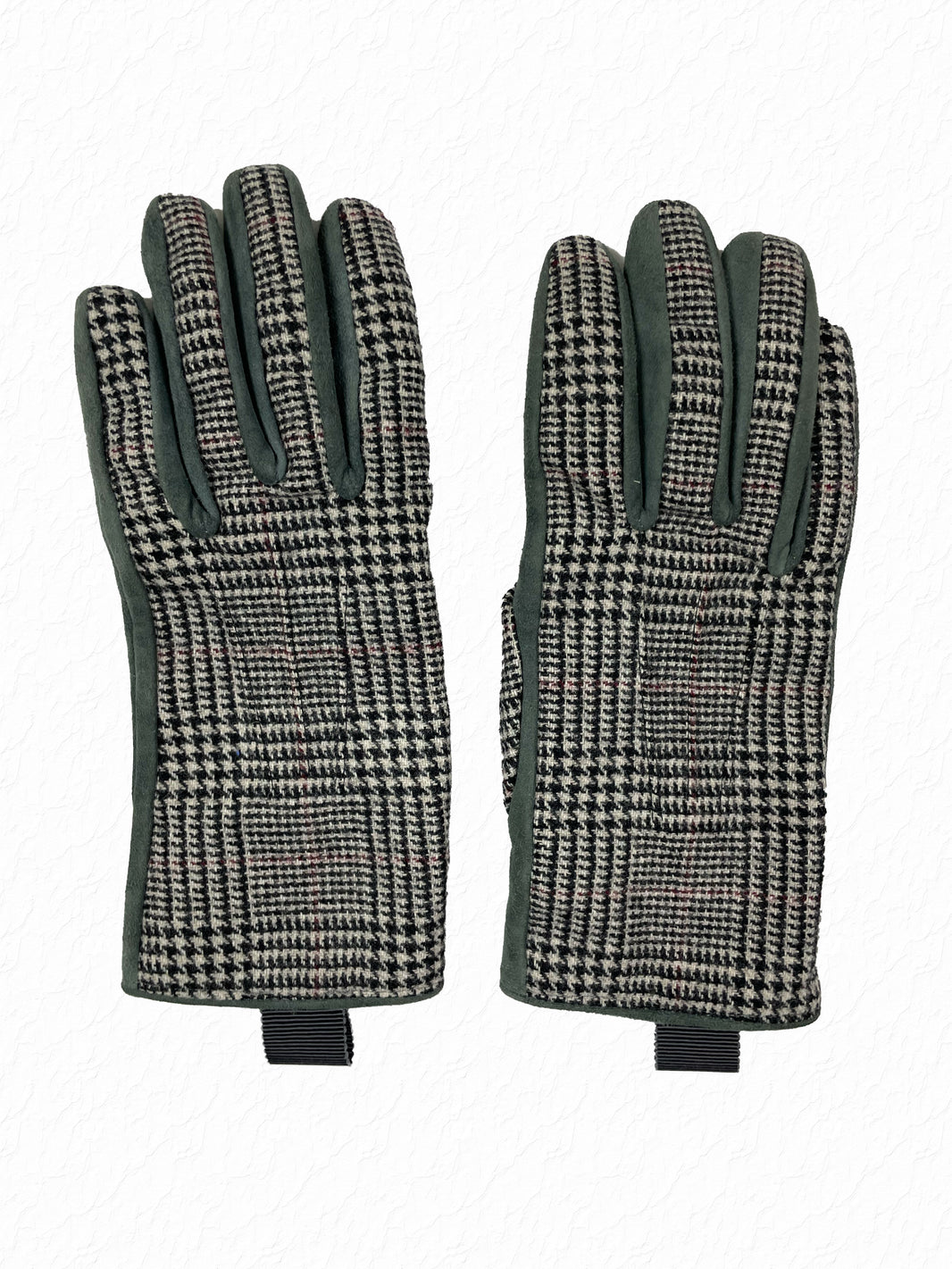 Houndstooth wool check palms on Thom Browne green suede gloves