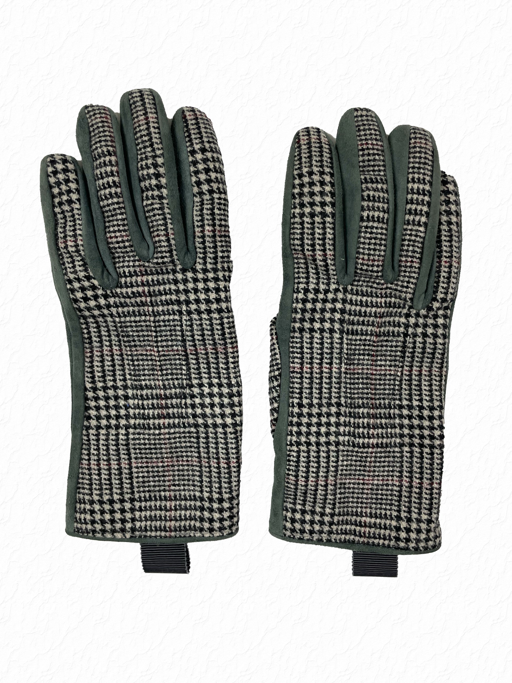 Houndstooth wool check palms on Thom Browne green suede gloves