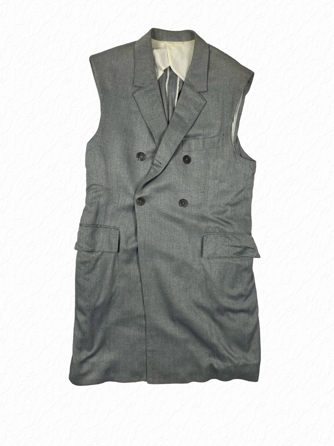 Thom Browne sleeveless double breasted chesterfield in black and white pepper cotton