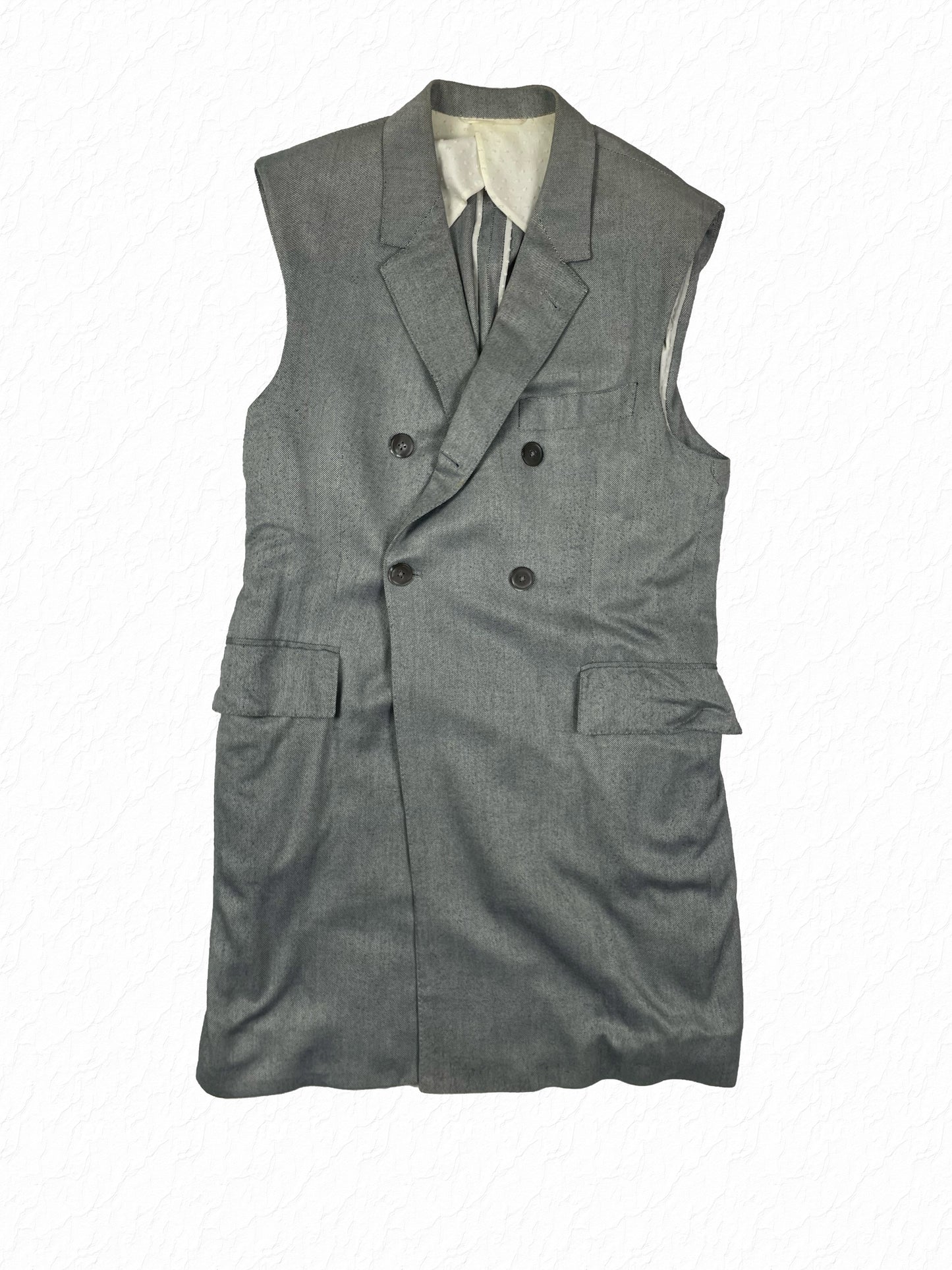 Thom Browne sleeveless double breasted chesterfield in black and white pepper cotton
