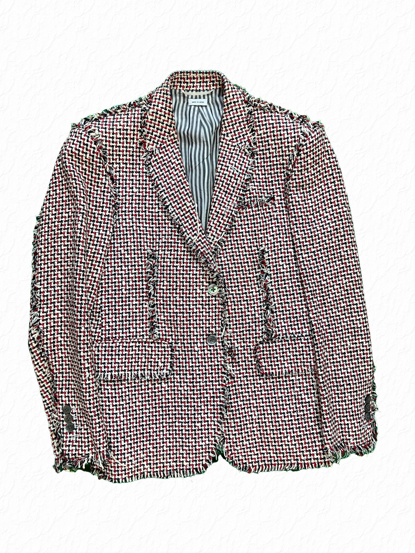 Thom Browne RWB rubber tweed high armhole jacket in red white navy houndstooth