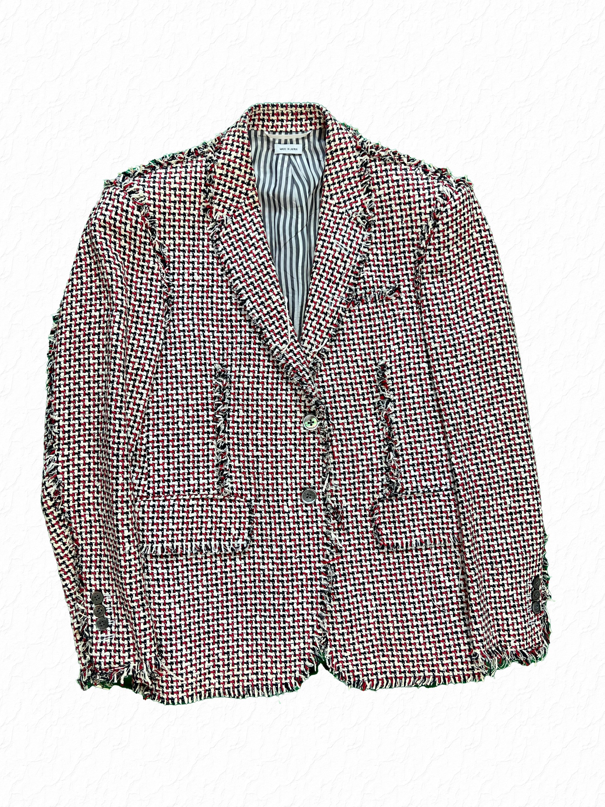 Thom Browne RWB rubber tweed high armhole jacket in red white navy houndstooth