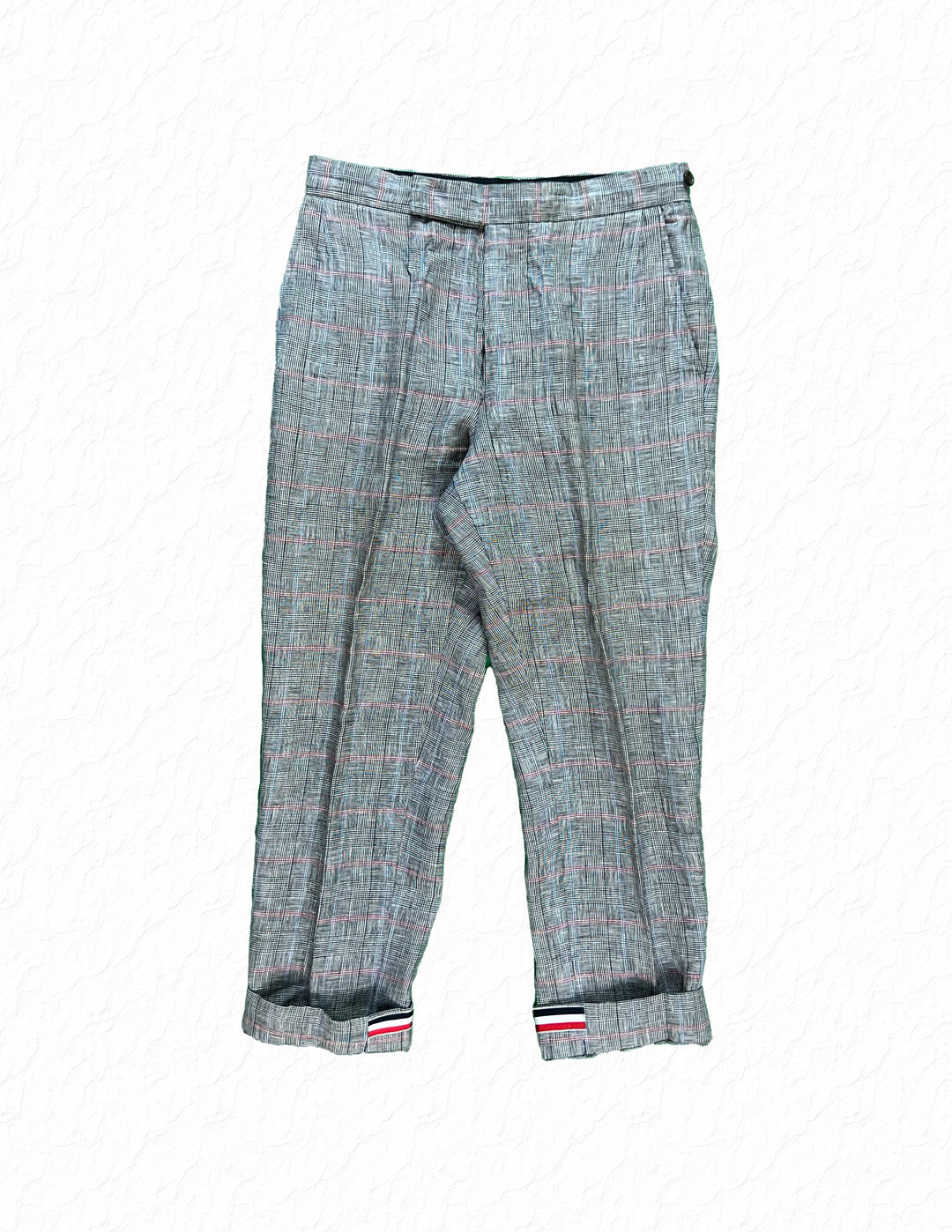 Thom Browne Prince of Wales check trousers in grey with red overcheck