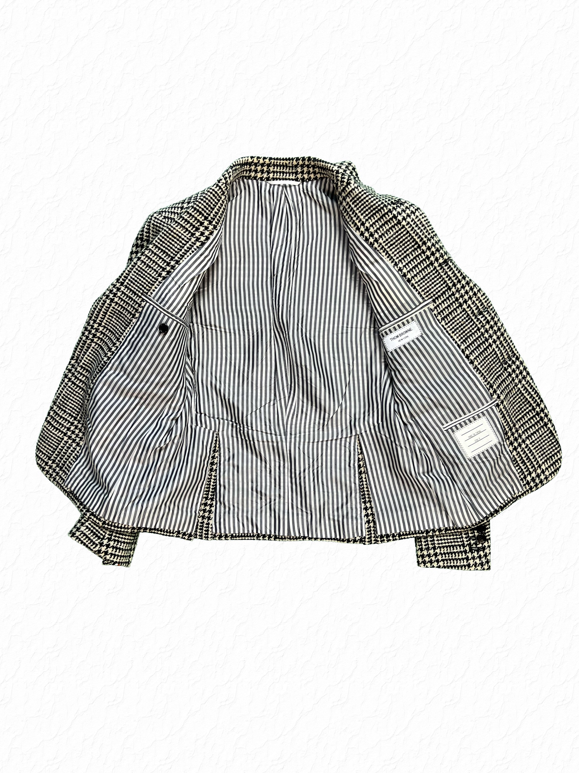 Striped cotton lining inside Thom Browne Glen Plaid tweed high armhole blazer