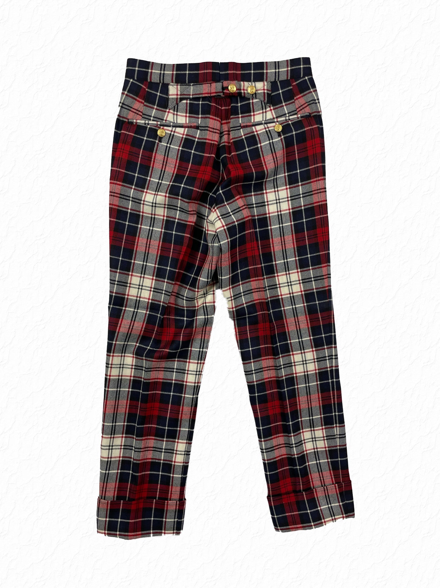 Tartan plaid Thom Browne trousers with gold shank buttons