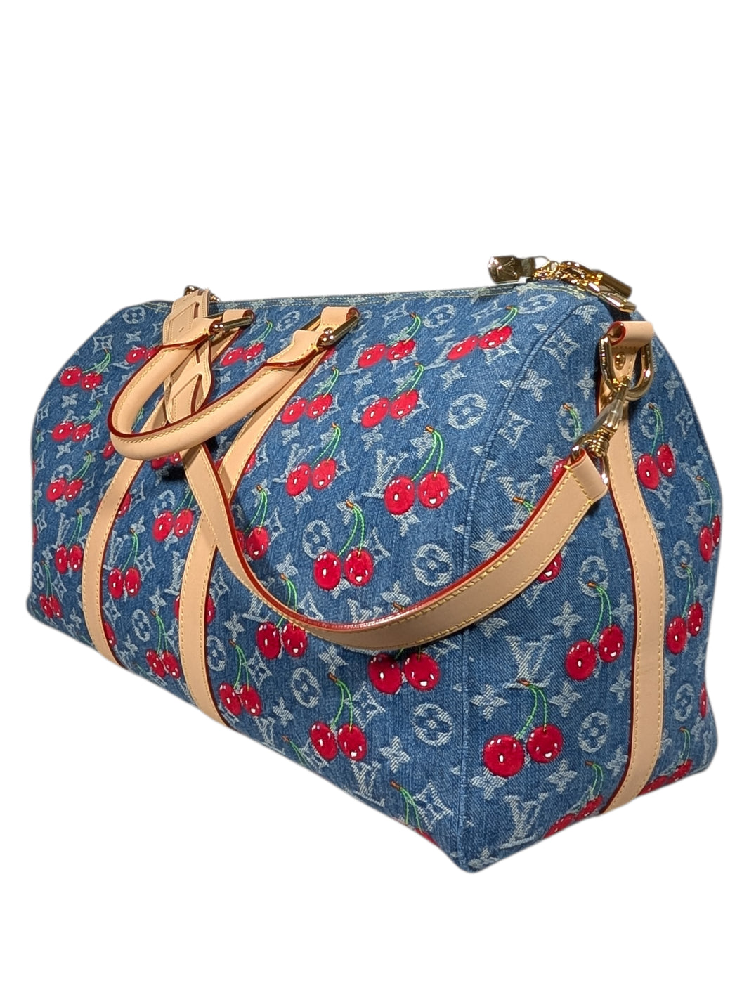 Louis Vuitton Murakami Denim Cherry Keepall 45 Duffle Bag Sterling Silver Hardware