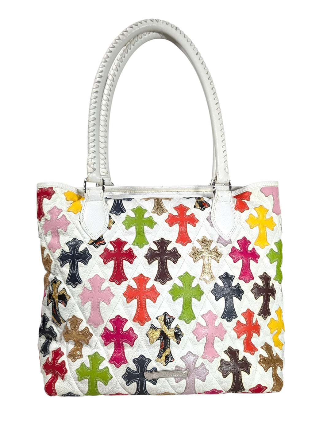 Quilted Leather Multicolor Cross Patch FS Tote Bag White