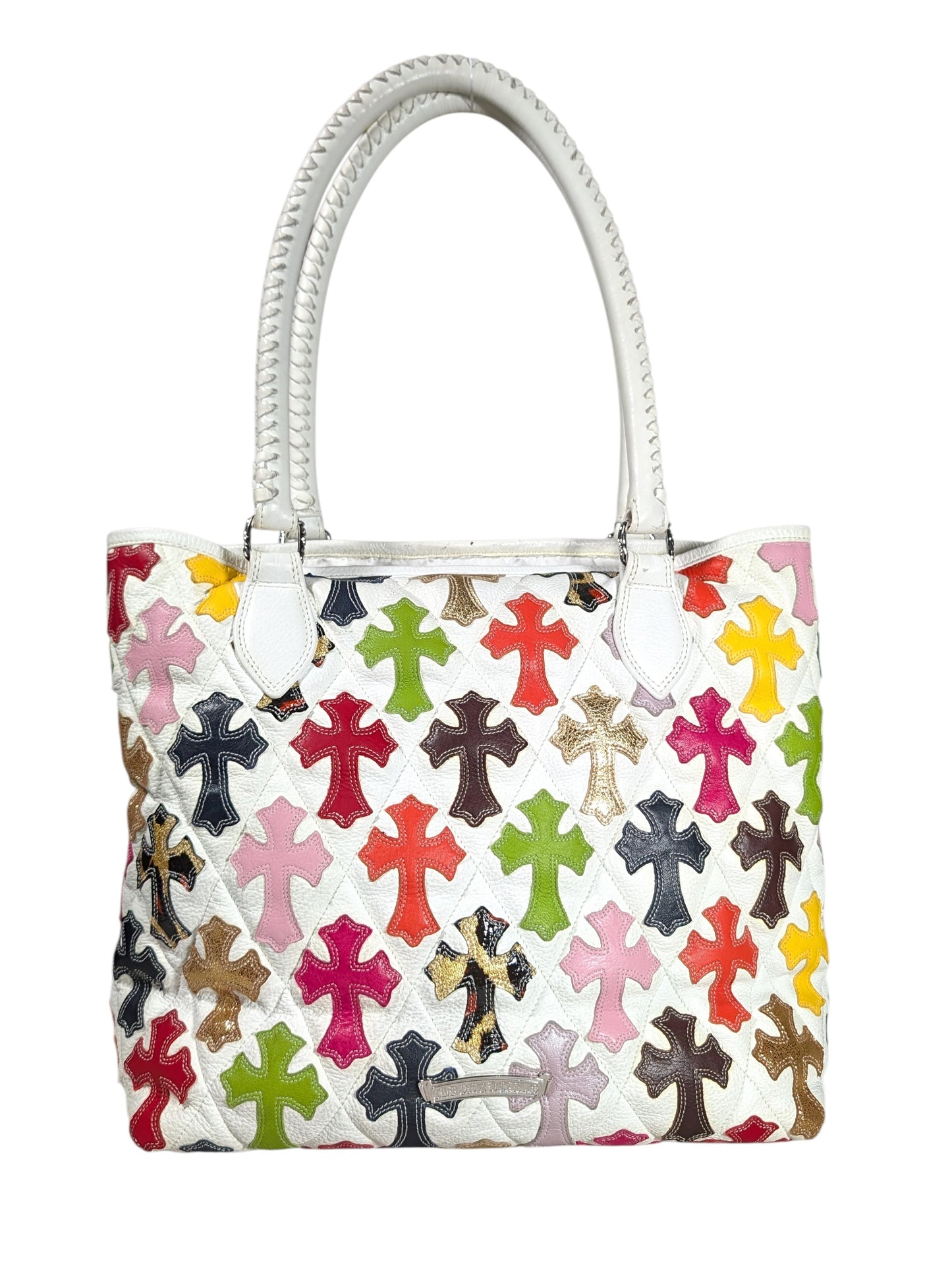 Quilted Leather Multicolor Cross Patch FS Tote Bag White