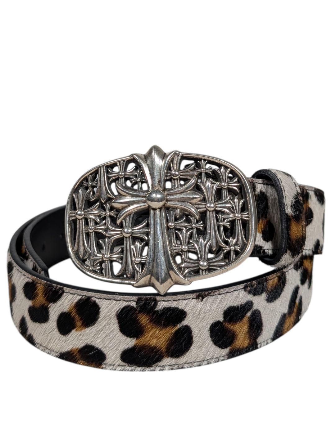 AMAL Leopard Print Calf Hair Leather Belt Strap Sterling Silver Hardware