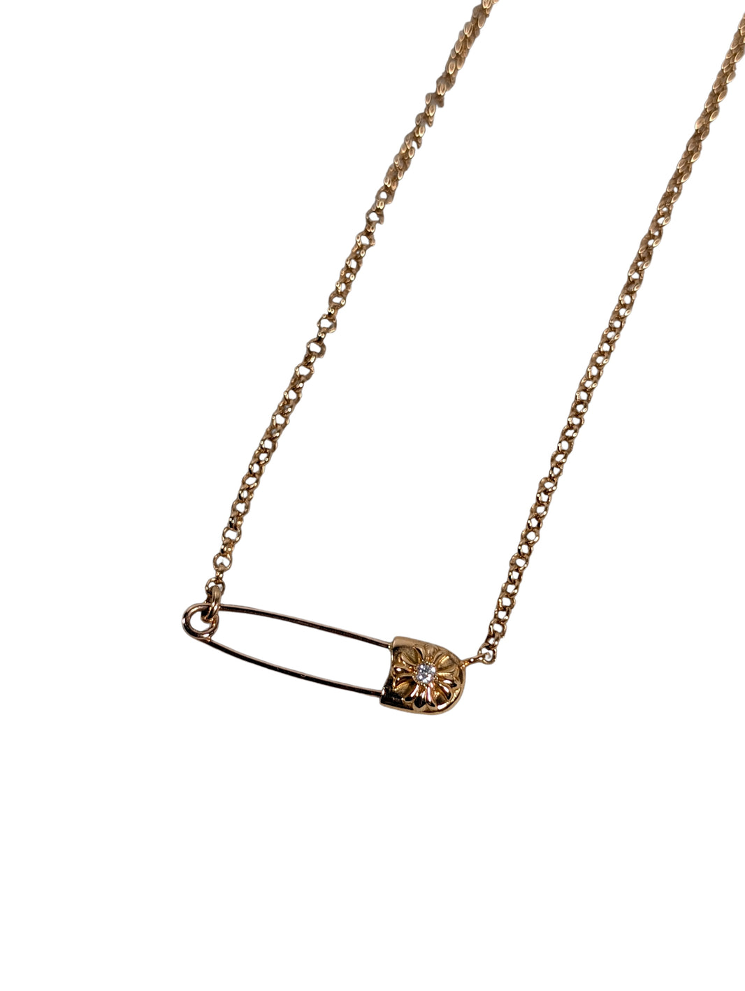 Diamond Safety Pin Roll Chain Gold Necklace