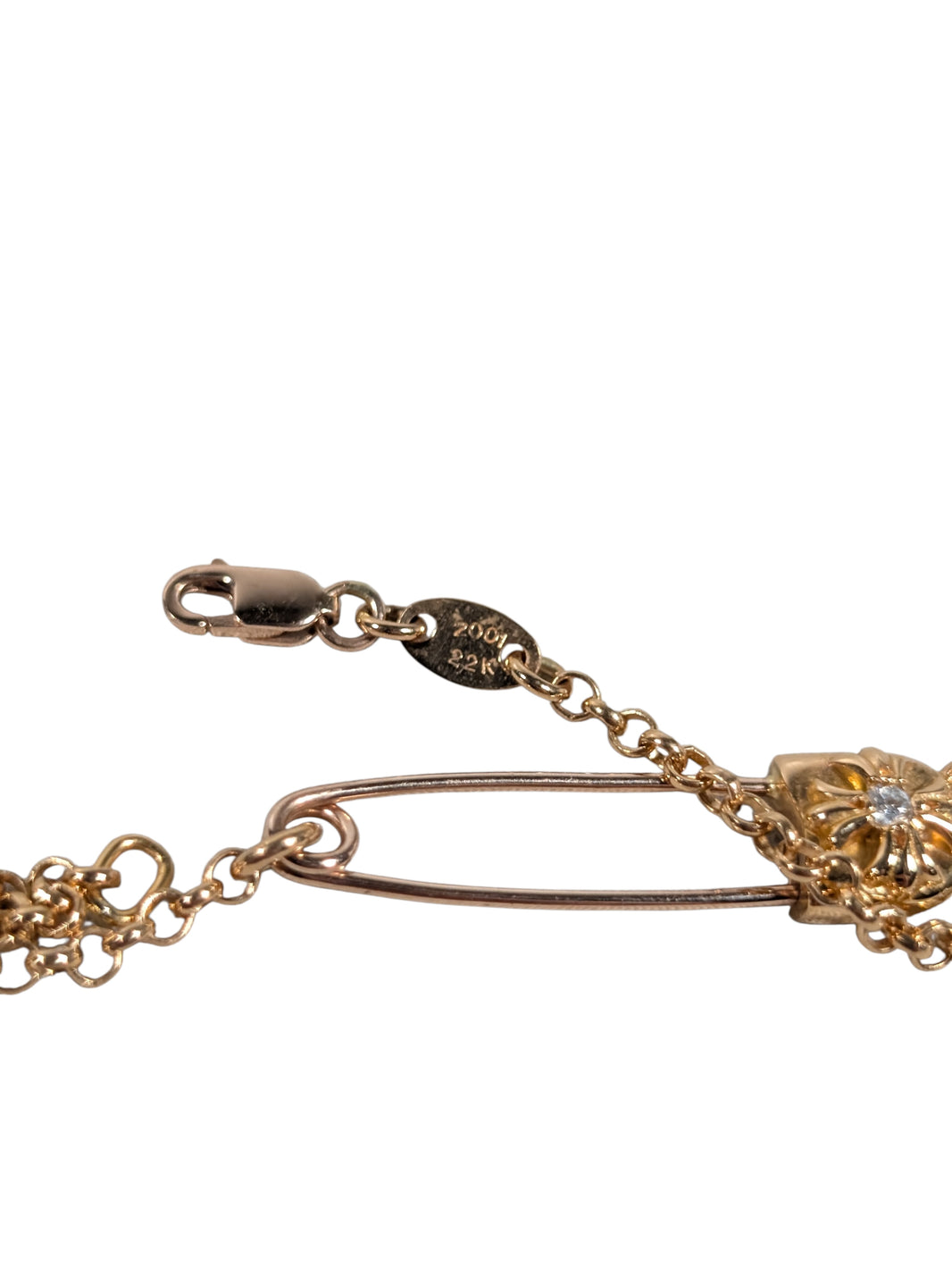 Chrome Hearts Diamond Safety Pin Roll Chain Gold Necklace Archival