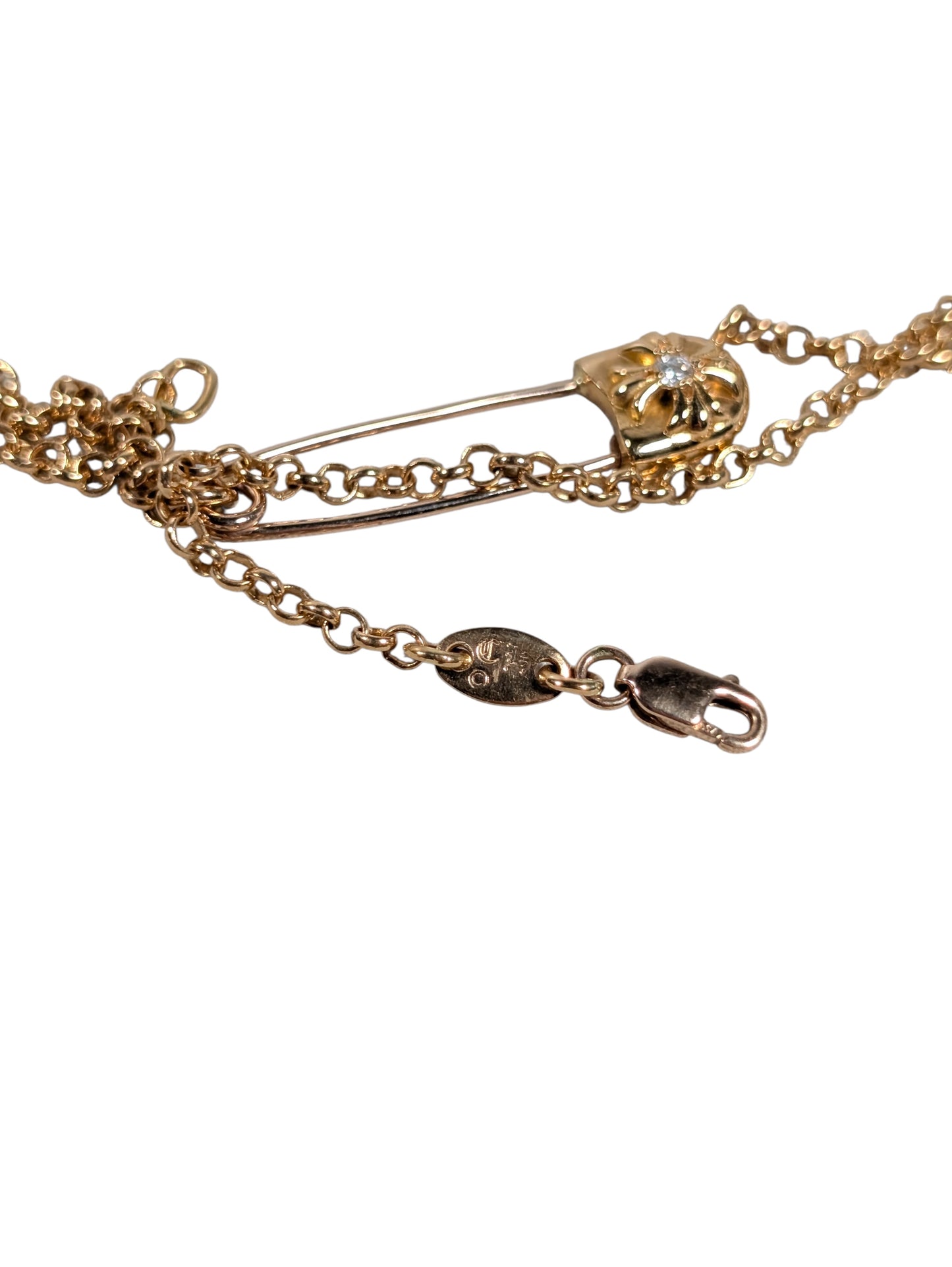 Diamond Safety Pin Roll Chain Gold Necklace